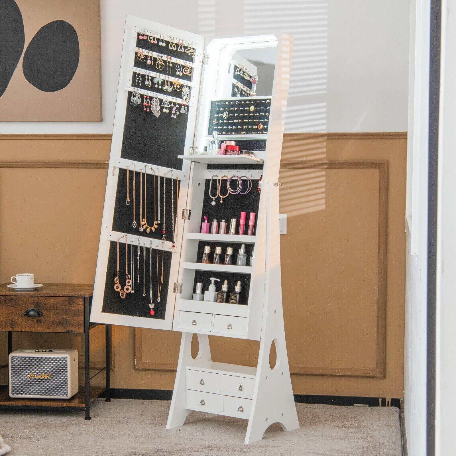 Freestanding Full Length LED Mirrored Jewelry Armoire with 6 Drawers, White Jewelry Armoires   at Gallery Canada