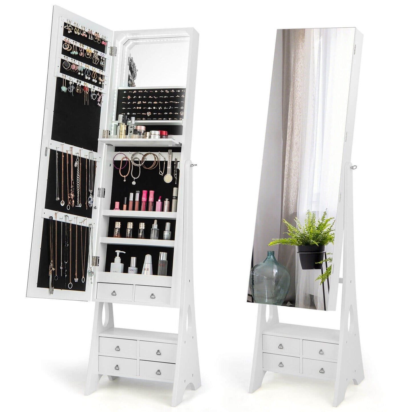 Freestanding Full Length LED Mirrored Jewelry Armoire with 6 Drawers, White Jewelry Armoires   at Gallery Canada