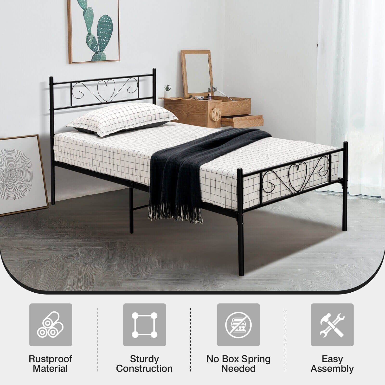 Twin XL Metal Bed Frame with Heart-shaped Headboard, Black Simple Bed Frame   at Gallery Canada