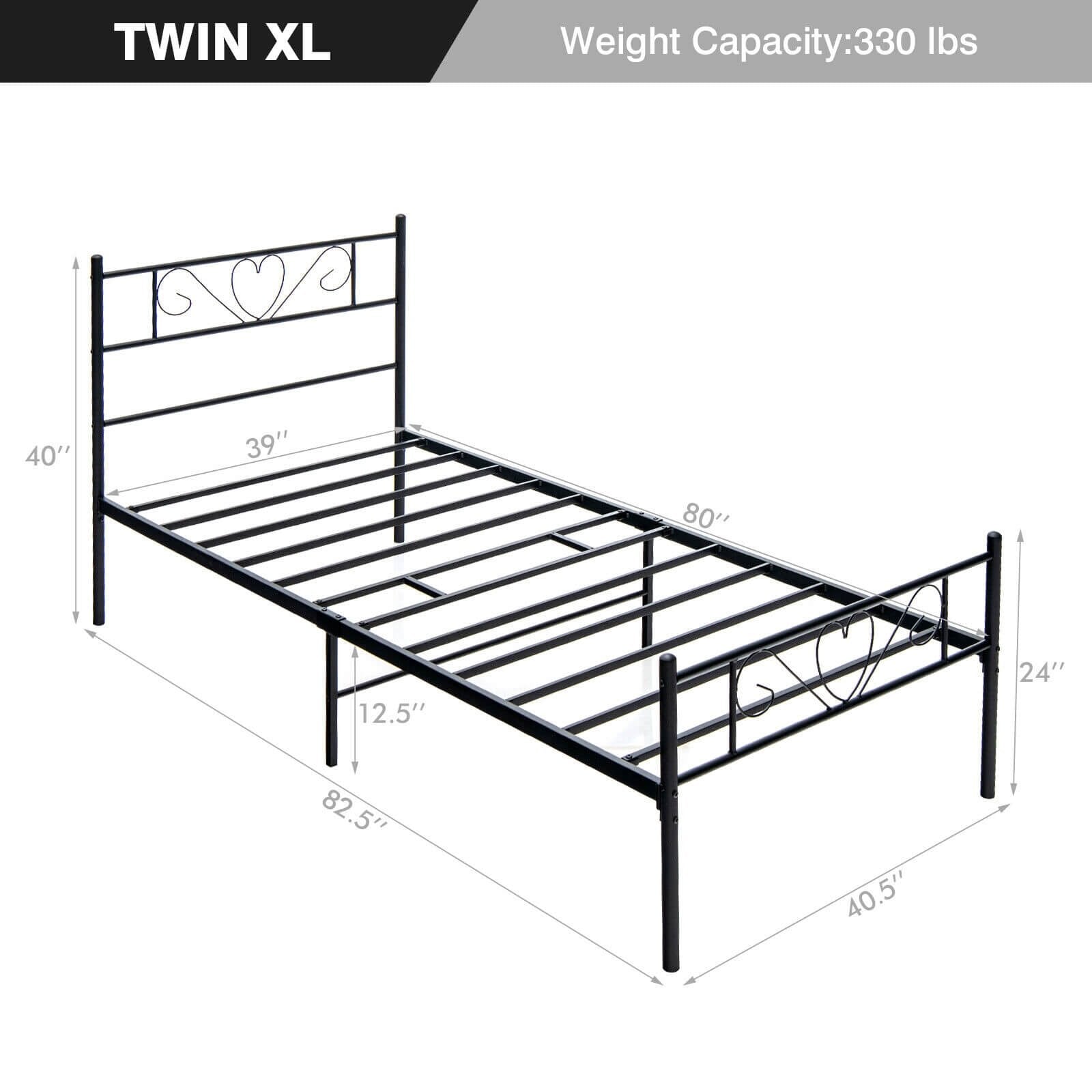 Twin XL Metal Bed Frame with Heart-shaped Headboard, Black Simple Bed Frame   at Gallery Canada