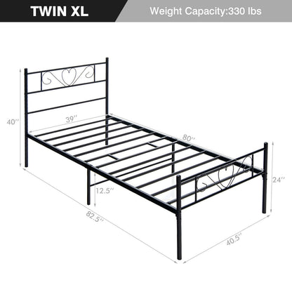 Twin XL Metal Bed Frame with Heart-shaped Headboard, Black - Gallery Canada