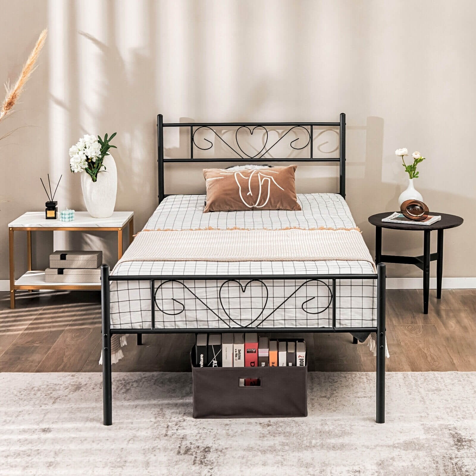 Twin XL Metal Bed Frame with Heart-shaped Headboard, Black Simple Bed Frame   at Gallery Canada