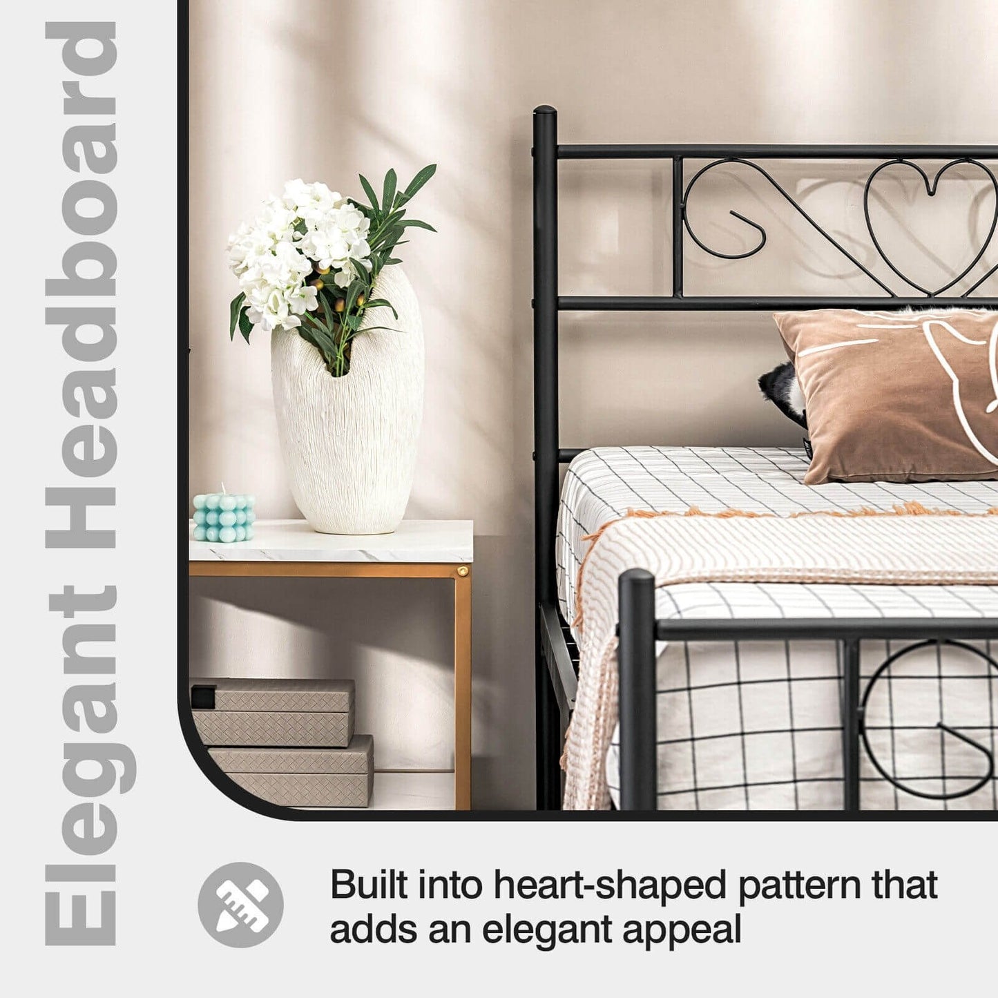 Twin XL Metal Bed Frame with Heart-shaped Headboard, Black - Gallery Canada