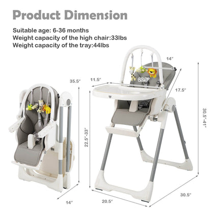 4-in-1 Foldable Baby High Chair with 7 Adjustable Heights and Free Toys Bar, Gray - Gallery Canada