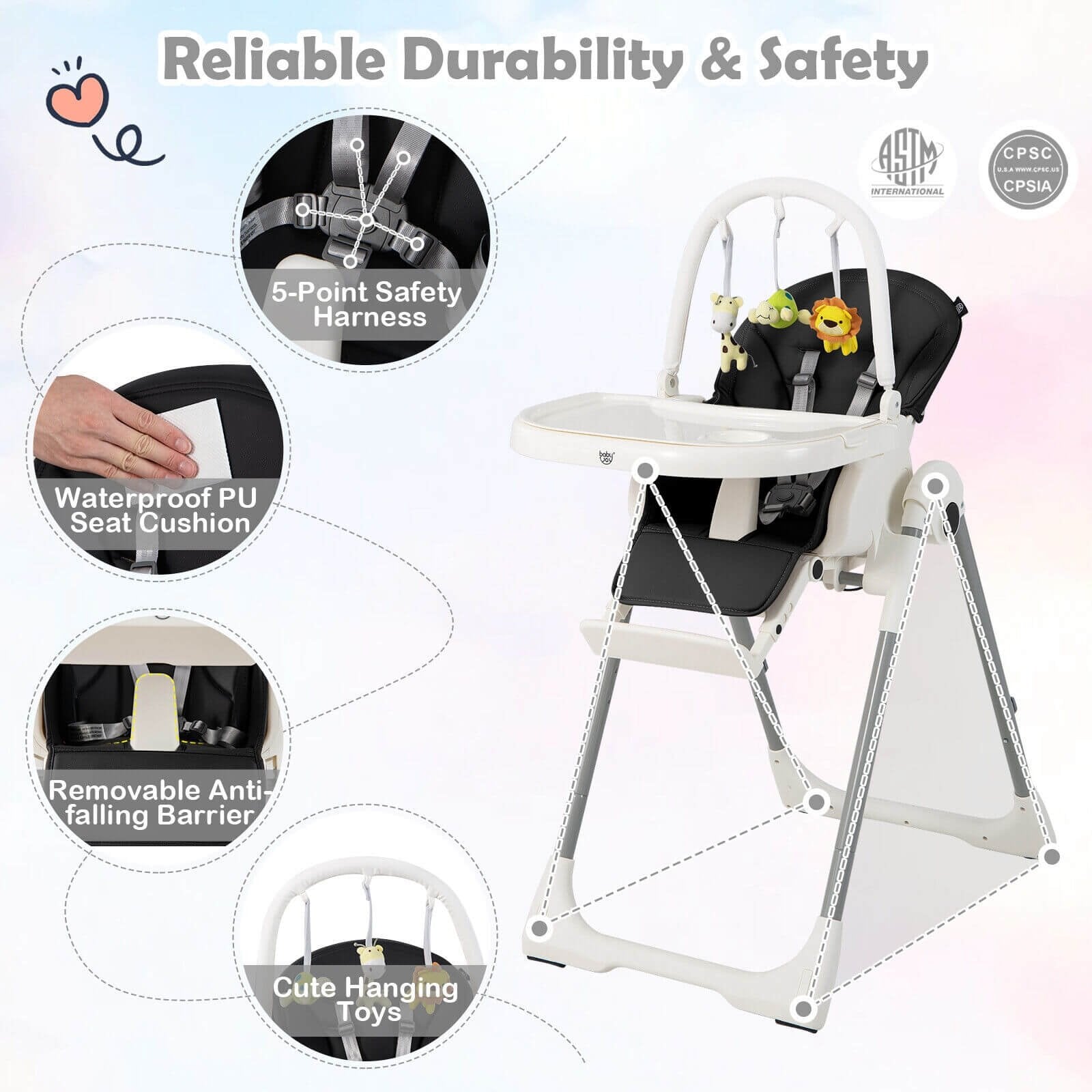 4-in-1 Foldable Baby High Chair with 7 Adjustable Heights and Free Toys Bar, Black High Chairs   at Gallery Canada