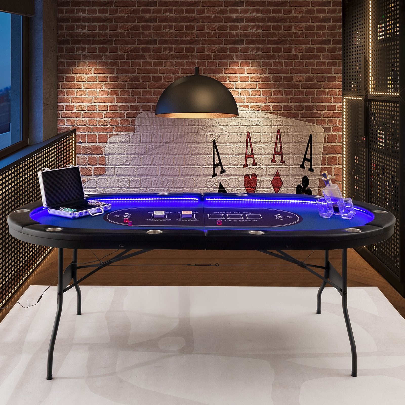 Foldable 10-Player Poker Table with LED Lights and USB Ports Ideal for Texas Casino, Blue Game Room   at Gallery Canada