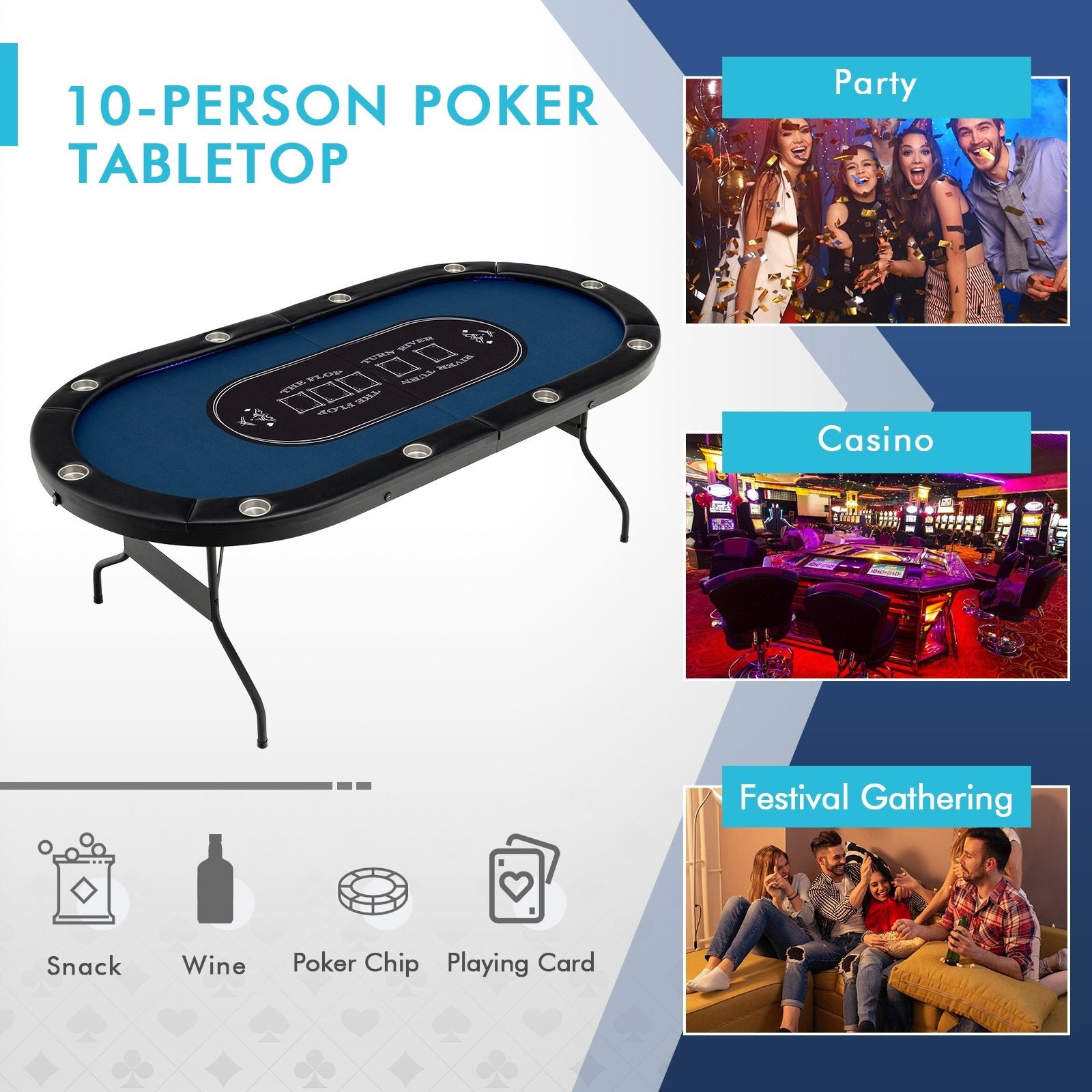 Foldable 10-Player Poker Table with LED Lights and USB Ports Ideal for Texas Casino, Blue Game Room   at Gallery Canada