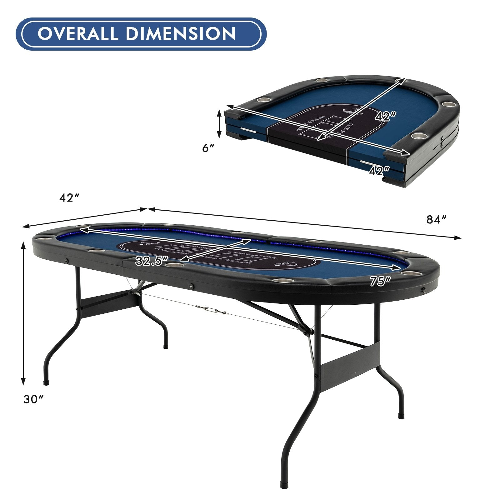 Foldable 10-Player Poker Table with LED Lights and USB Ports Ideal for Texas Casino, Blue Game Room   at Gallery Canada