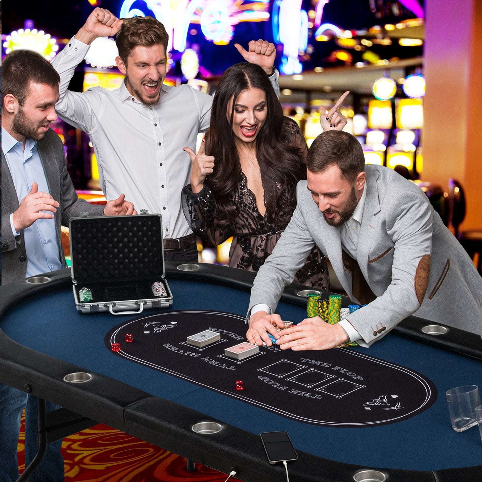 Foldable 10-Player Poker Table with LED Lights and USB Ports Ideal for Texas Casino, Blue Game Room   at Gallery Canada