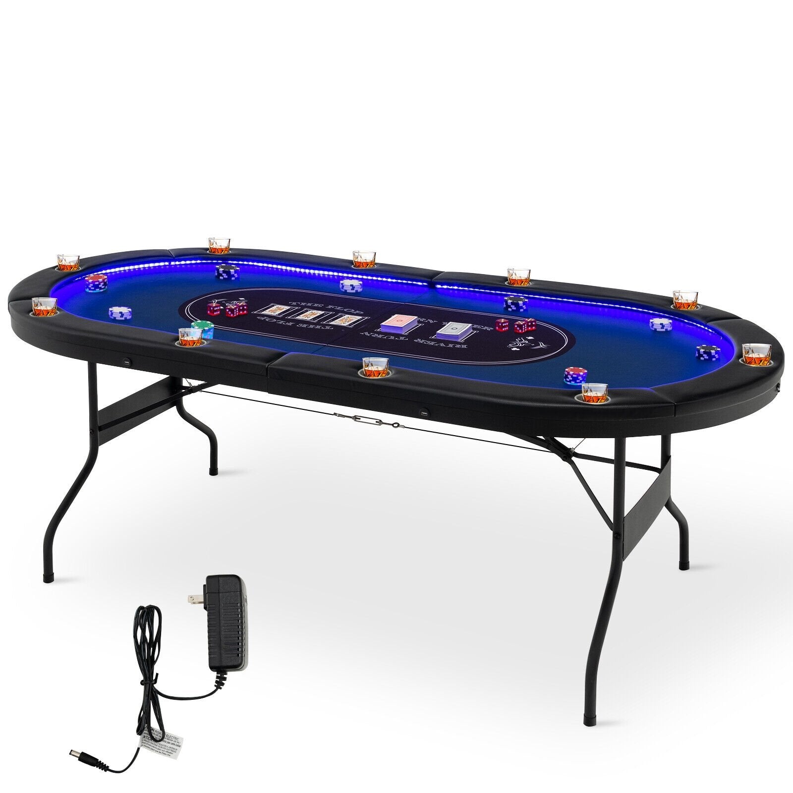 Foldable 10-Player Poker Table with LED Lights and USB Ports Ideal for Texas Casino, Blue Game Room   at Gallery Canada