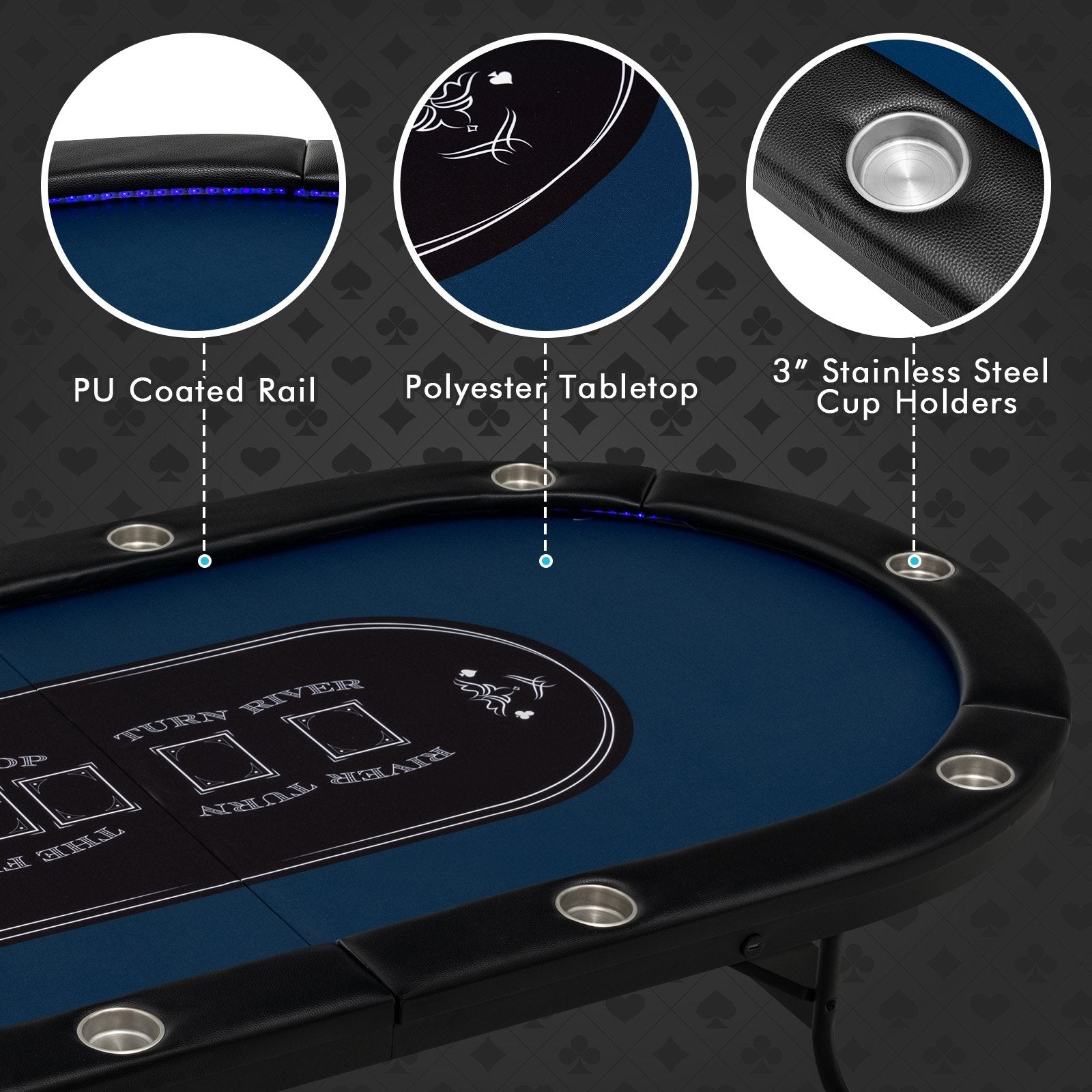 Foldable 10-Player Poker Table with LED Lights and USB Ports Ideal for Texas Casino, Blue Game Room   at Gallery Canada