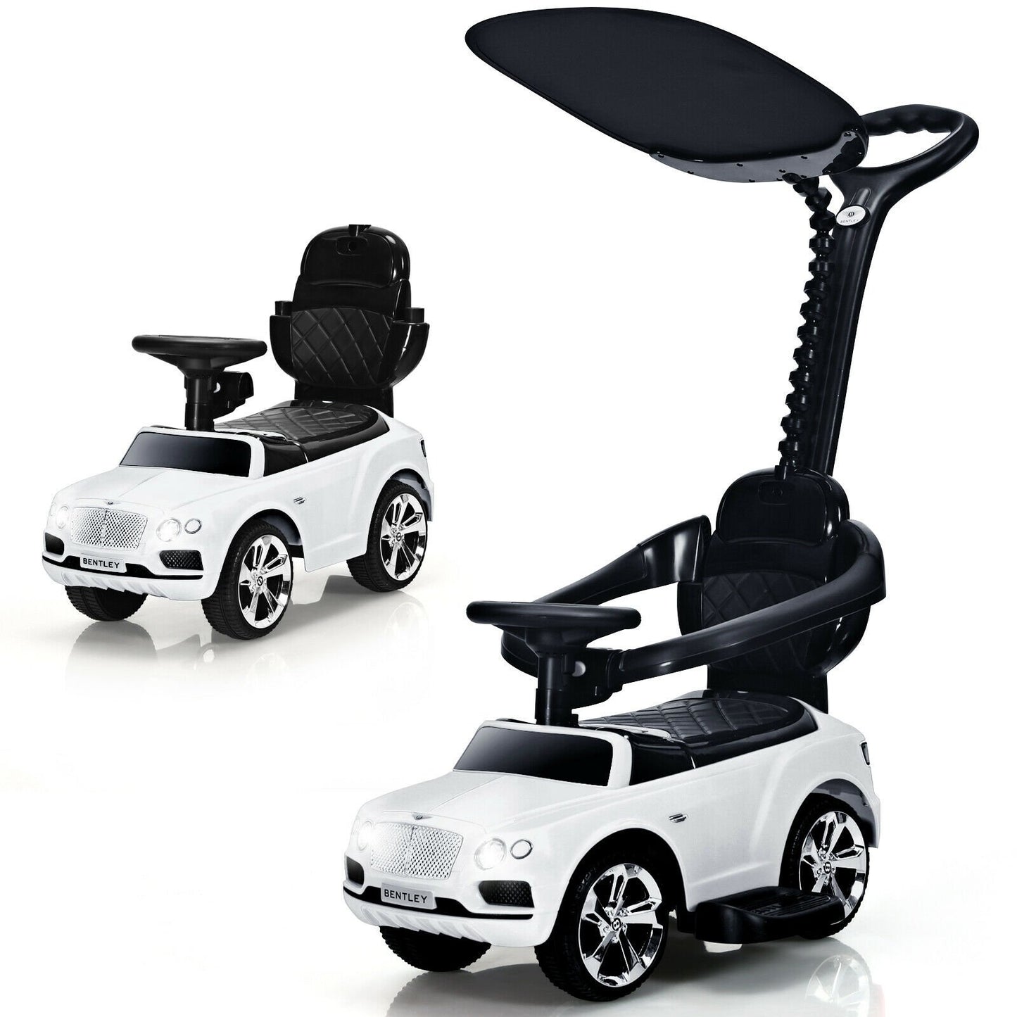 3-in-1 Licensed Bentley Kids Push and Sliding Car with Canopy, White - Gallery Canada