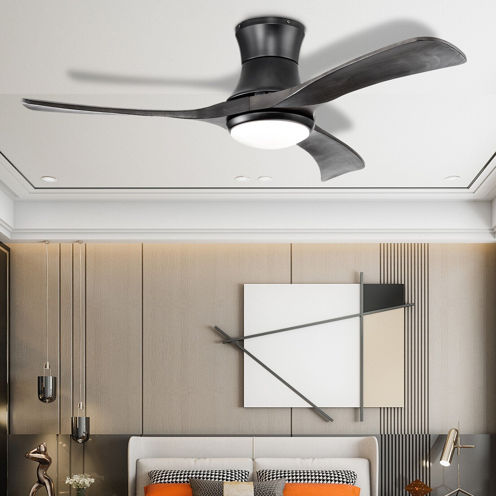 52 Inch Flush Mount Ceiling Fan with LED Light, Black Ceiling Fans   at Gallery Canada