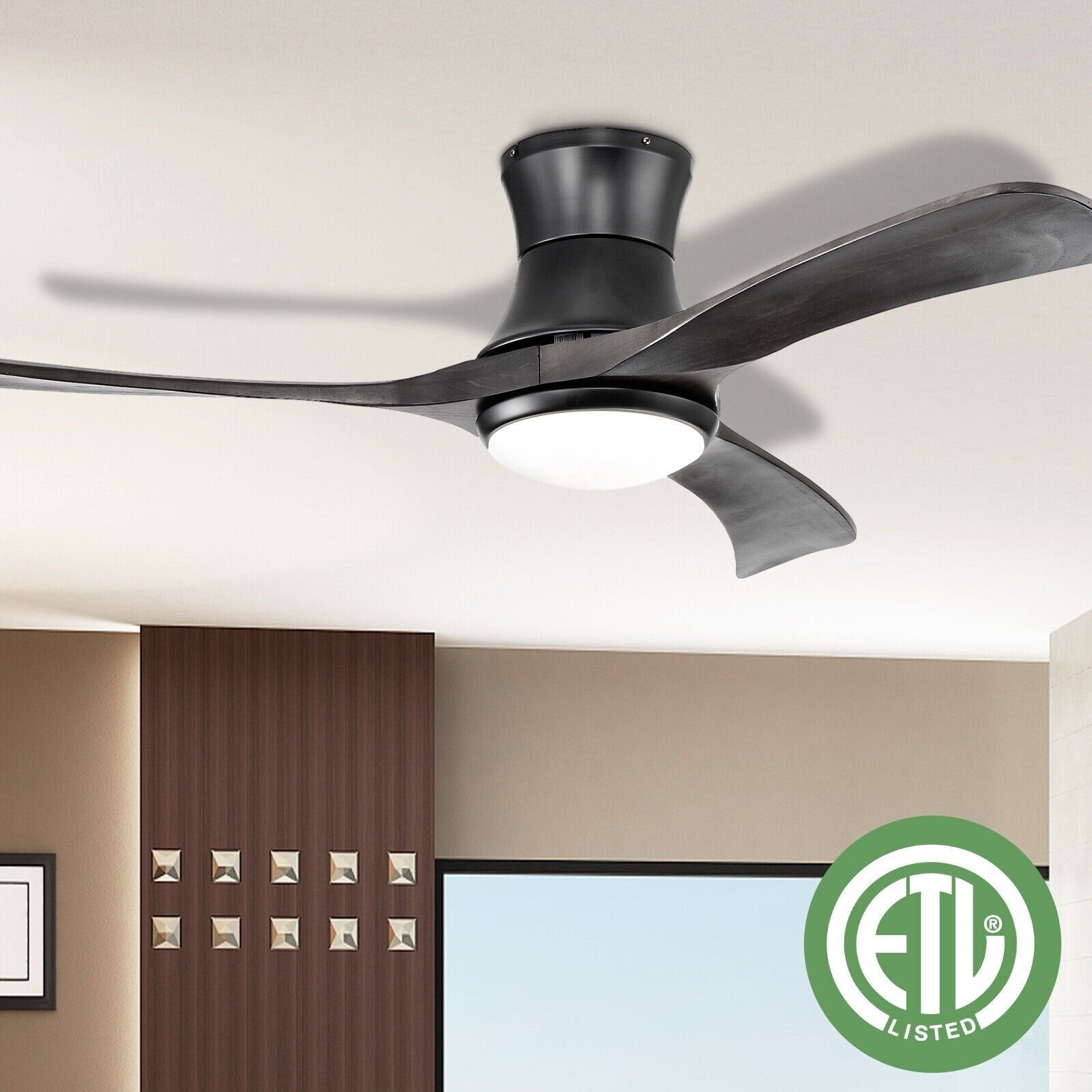 52 Inch Flush Mount Ceiling Fan with LED Light, Black Ceiling Fans   at Gallery Canada