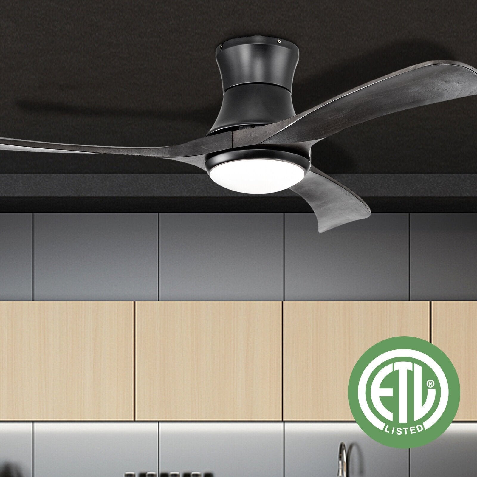 52 Inch Flush Mount Ceiling Fan with LED Light, Black Ceiling Fans   at Gallery Canada