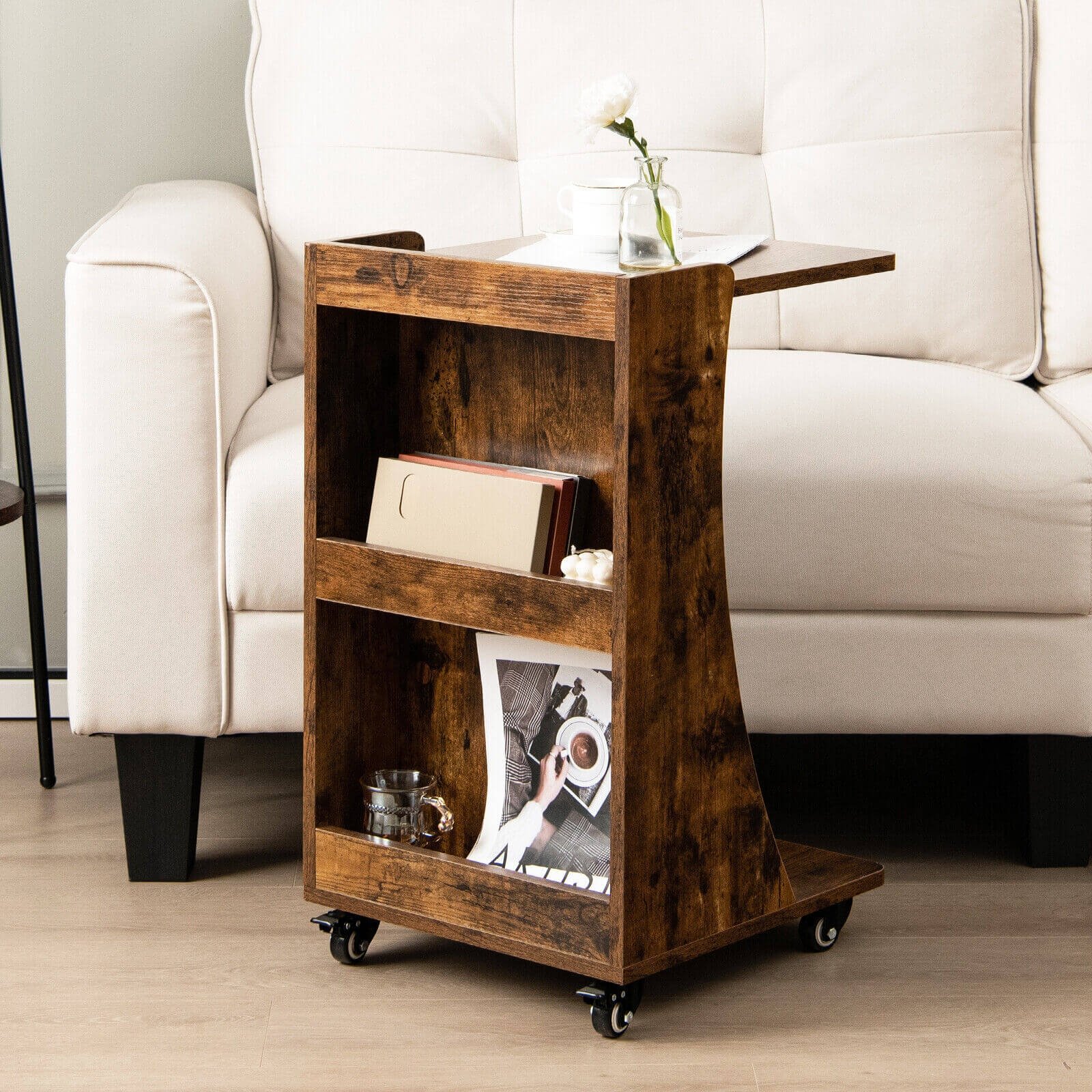 C-shaped Rolling End Side with Back Storage Shelves beside Sofa, Rustic Brown End & Side Tables   at Gallery Canada