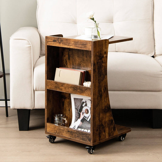 C-shaped Rolling End Side with Back Storage Shelves beside Sofa, Rustic Brown - Gallery Canada
