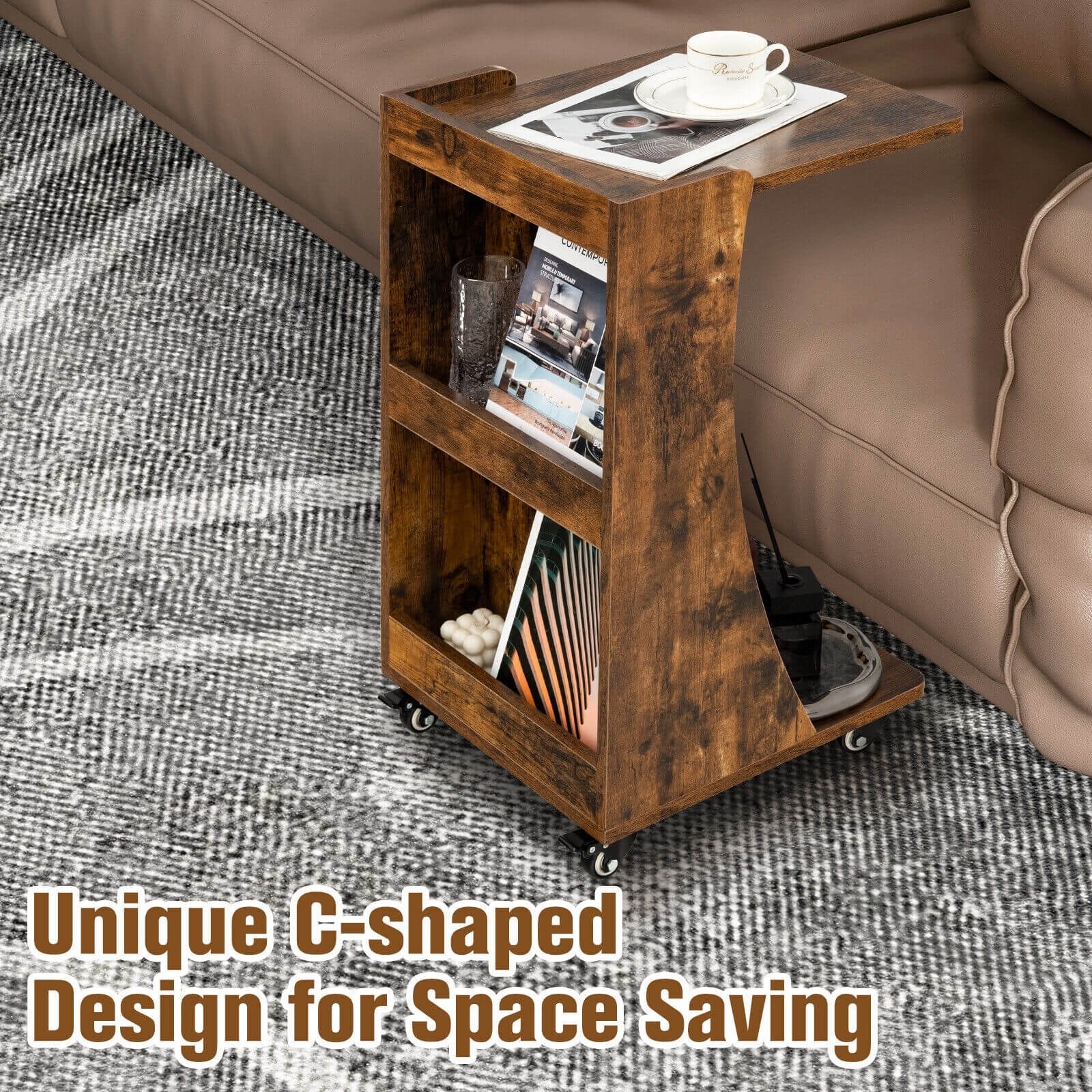 C-shaped Rolling End Side with Back Storage Shelves beside Sofa, Rustic Brown End & Side Tables   at Gallery Canada