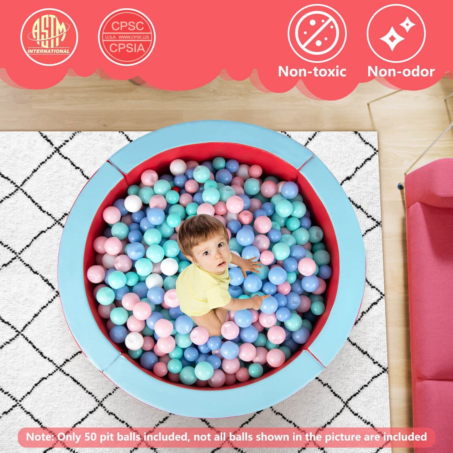 Large Round Foam Ball Pit with PU Surface and 50 Balls, Red - Gallery Canada