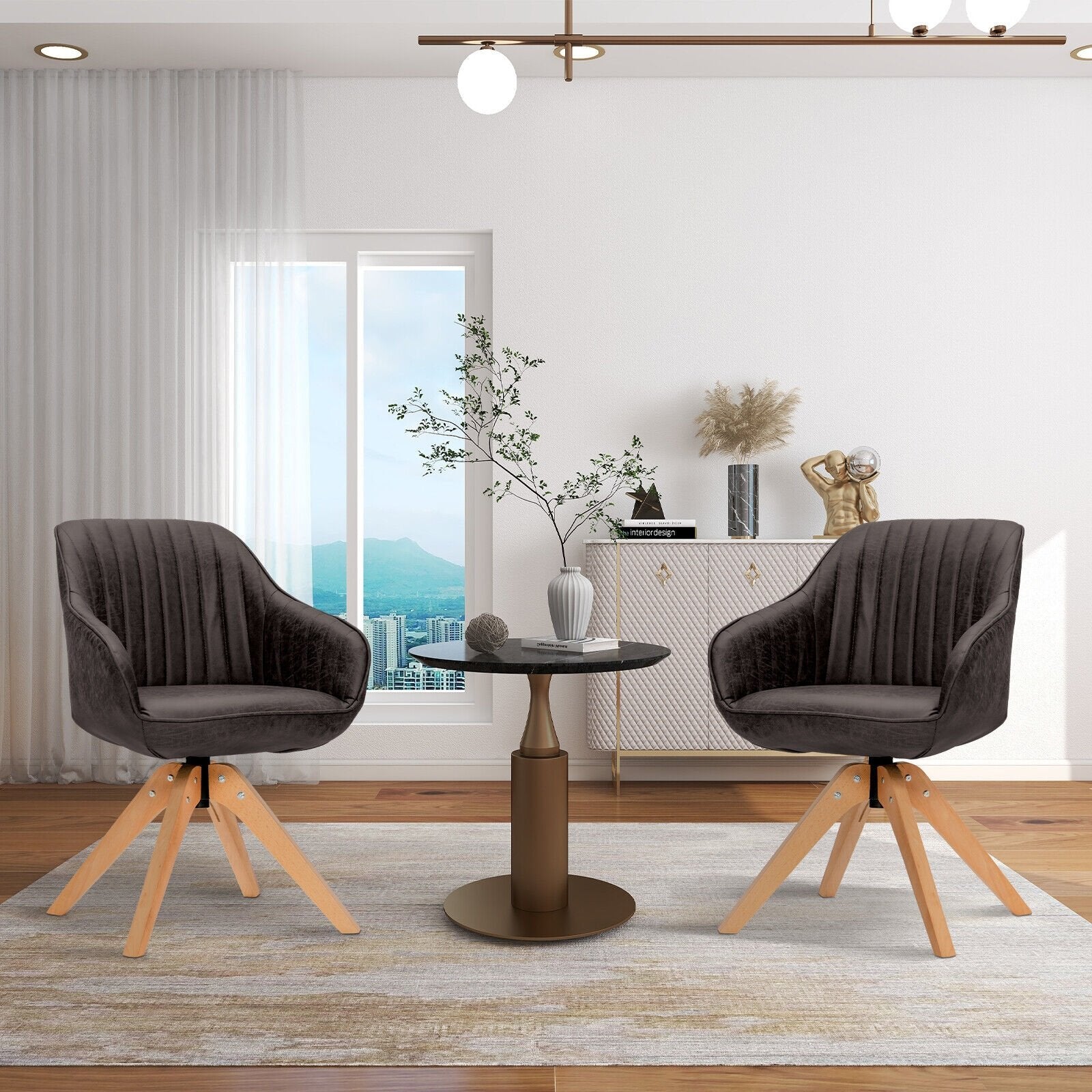 Modern Leathaire Set of 2 Swivel Accent Chair with Beech Wood Legs, Brown Accent Chairs   at Gallery Canada