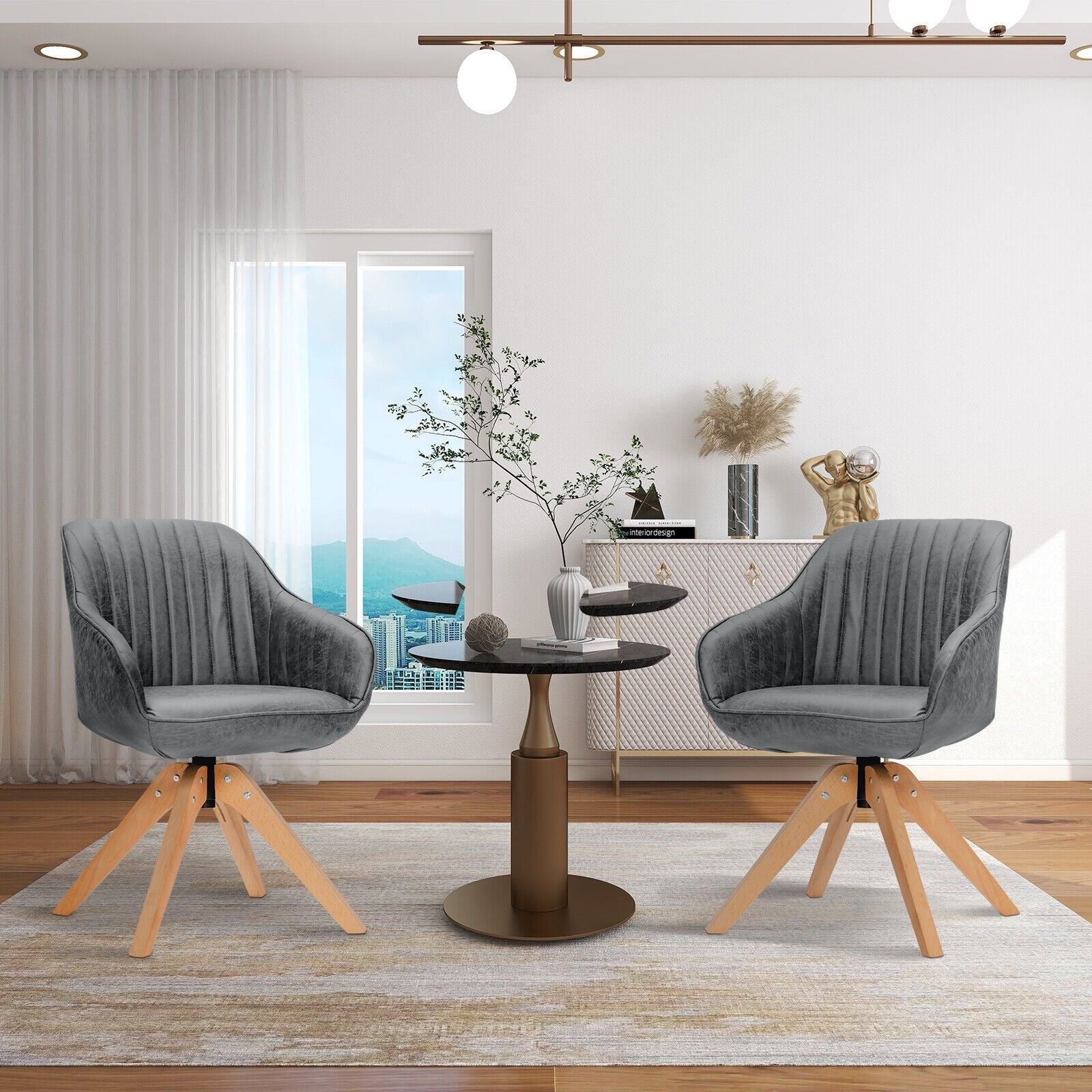 Modern Leathaire Set of 2 Swivel Accent Chair with Beech Wood Legs, Gray Accent Chairs   at Gallery Canada