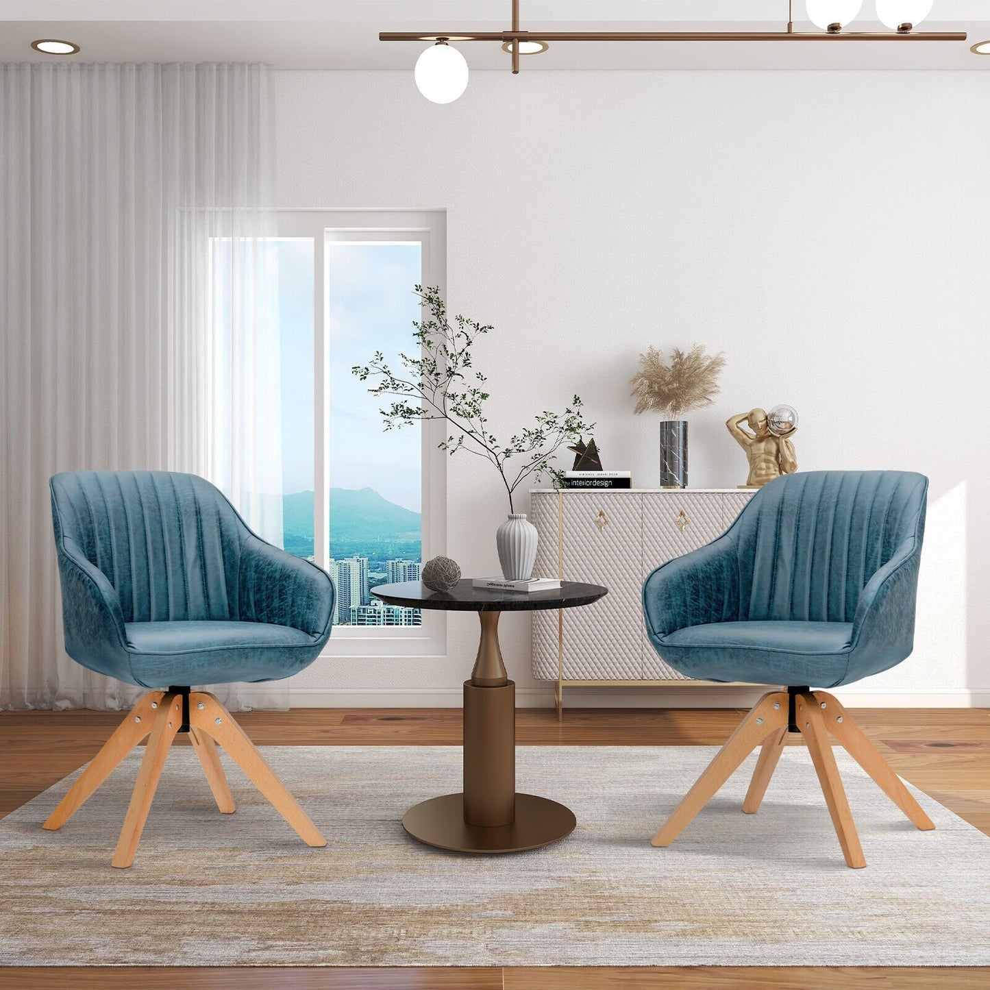 Modern Leathaire Set of 2 Swivel Accent Chair with Beech Wood Legs, Blue Accent Chairs   at Gallery Canada