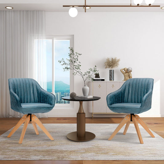 Modern Leathaire Set of 2 Swivel Accent Chair with Beech Wood Legs, Blue - Gallery Canada