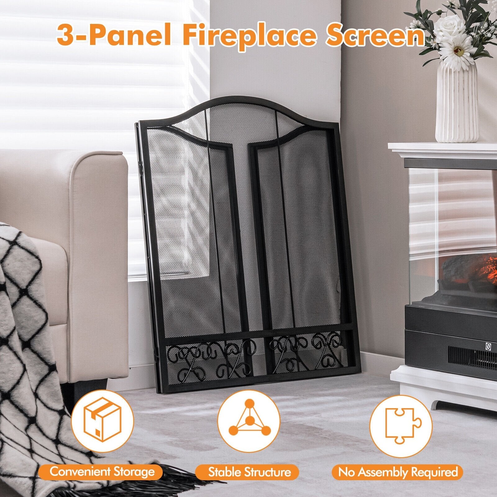 3-Panel Fireplace Screen Decorative Spark Guard, Black Fireplace Tools   at Gallery Canada