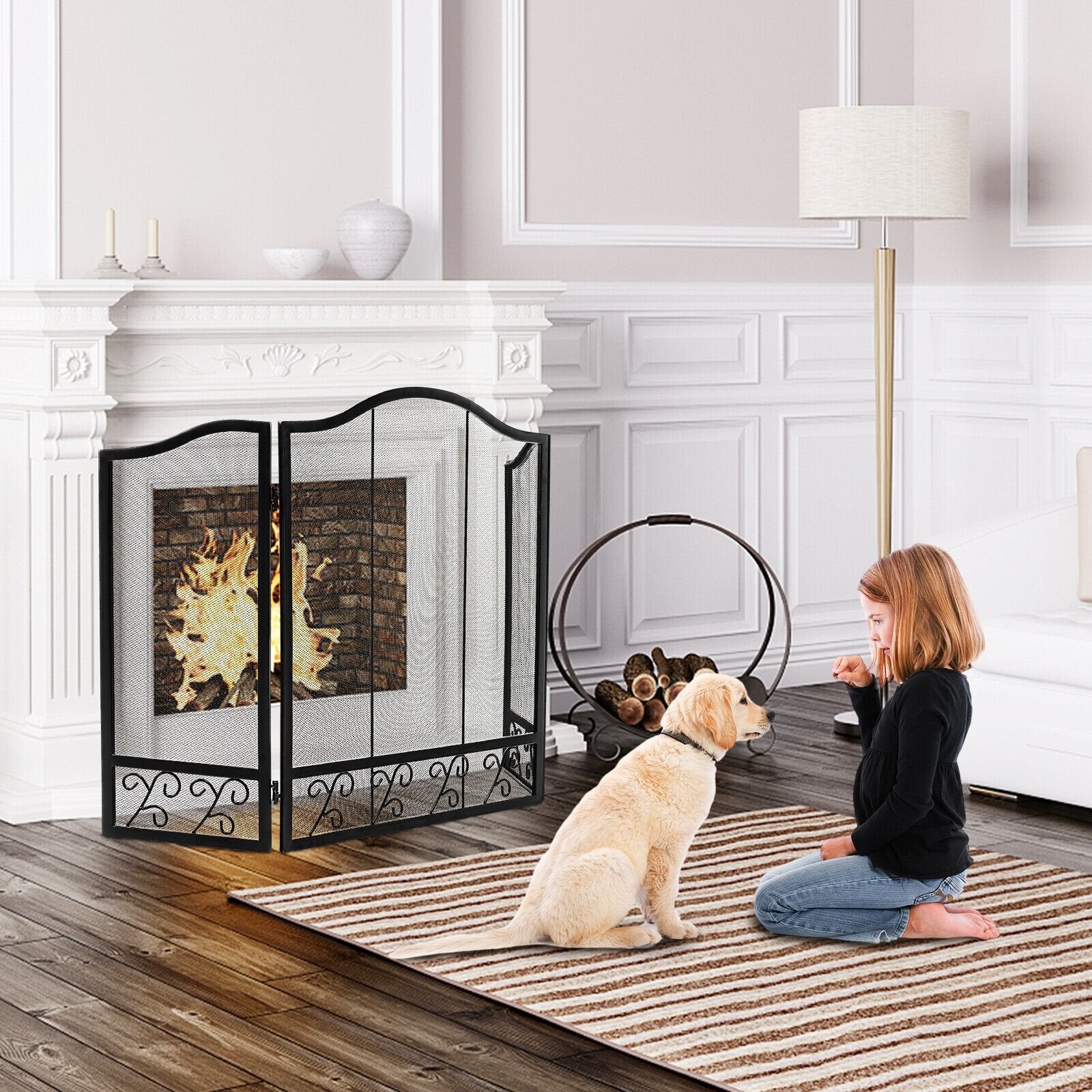 3-Panel Fireplace Screen Decorative Spark Guard, Black Fireplace Tools   at Gallery Canada