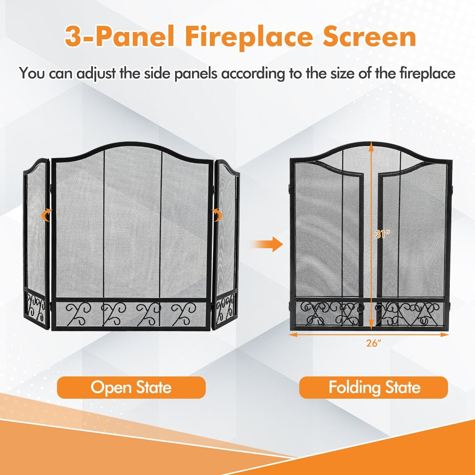 3-Panel Fireplace Screen Decorative Spark Guard, Black Fireplace Tools   at Gallery Canada