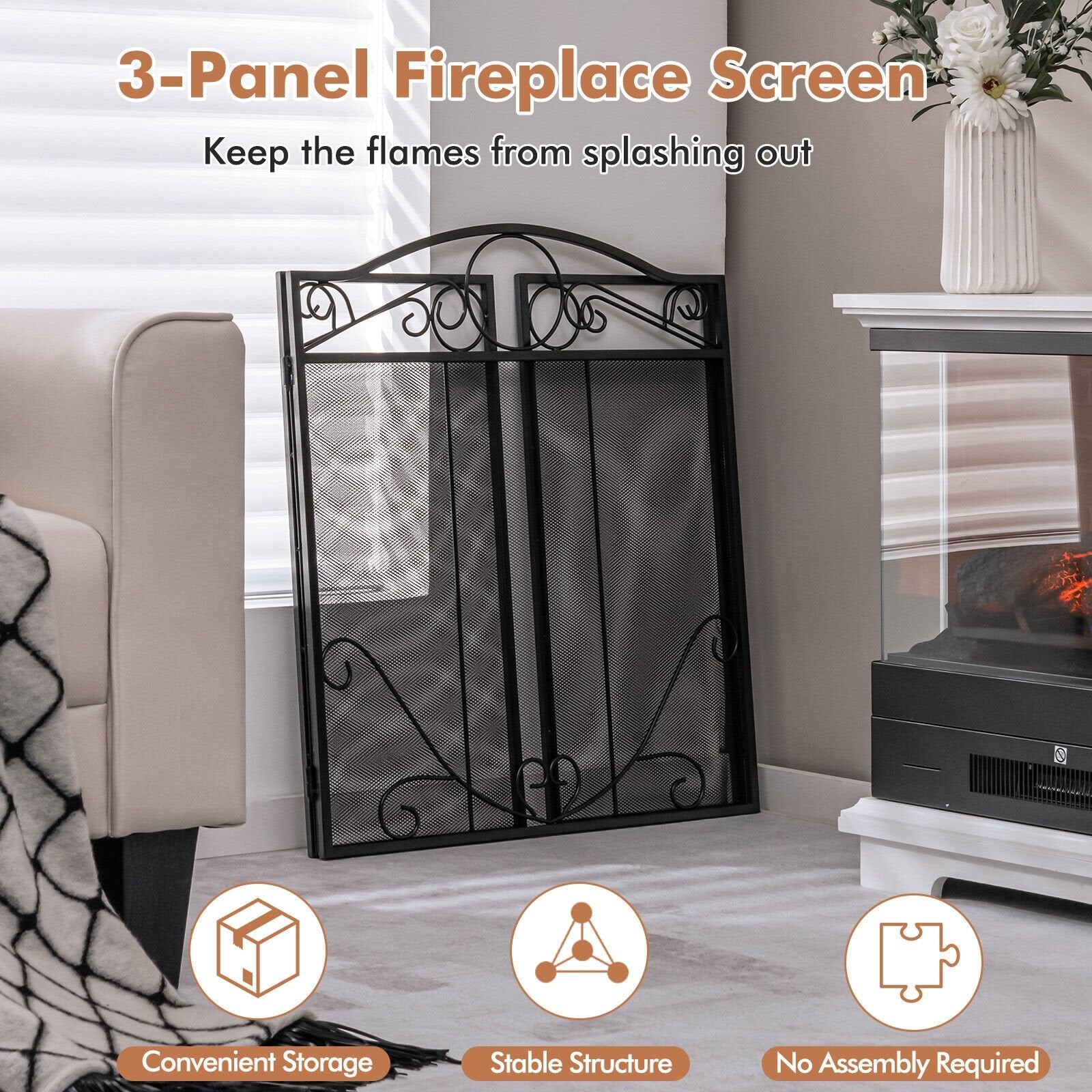 3-Panel Freestanding Fireplace Screen Folded Fire Doors, Black Fireplace Tools   at Gallery Canada