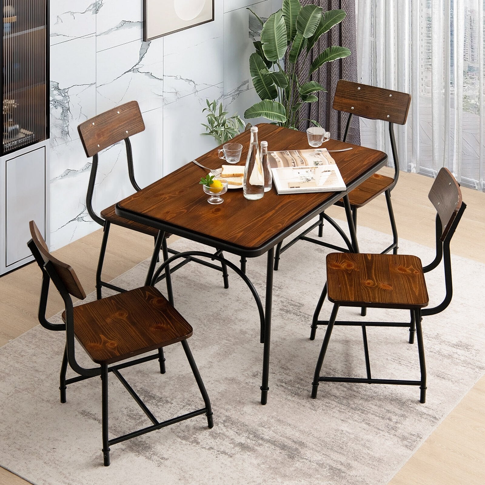 5 Piece Rectangular Dining Table Set with Metal Frame, Brown Dining Room Sets   at Gallery Canada