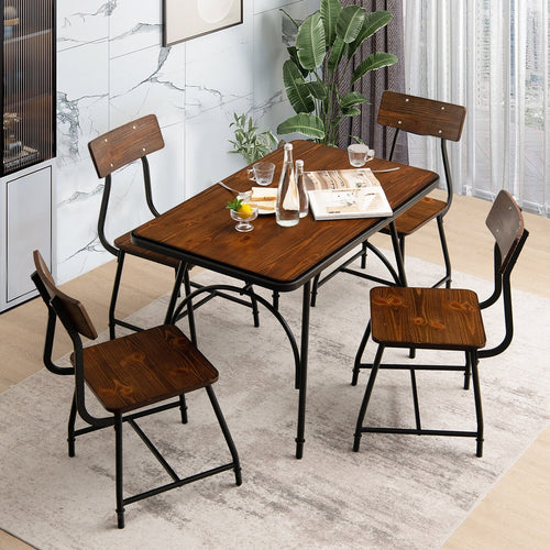 5 Piece Rectangular Dining Table Set with Metal Frame, Brown