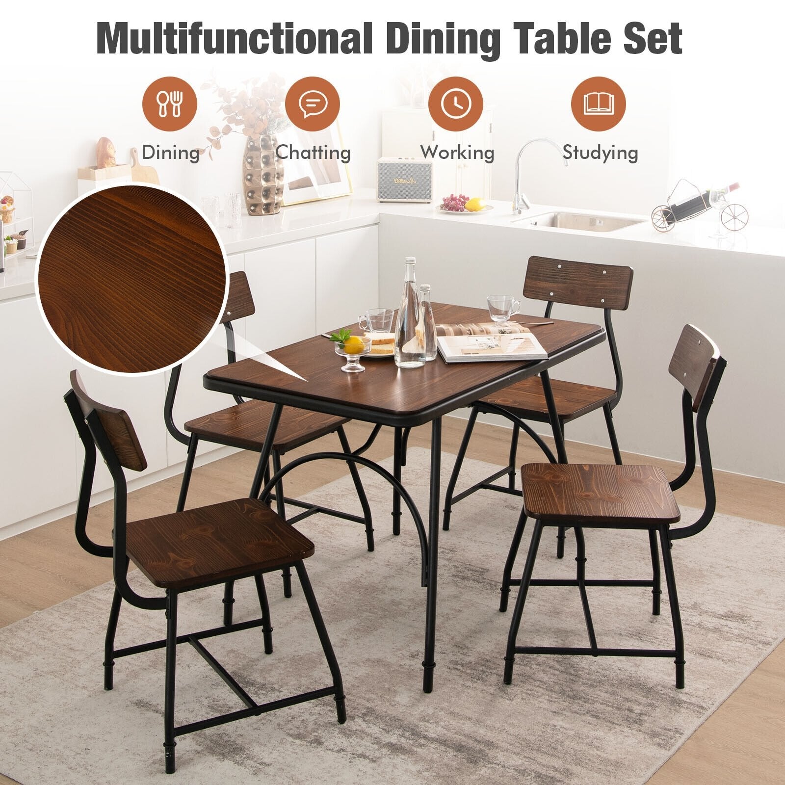 5 Piece Rectangular Dining Table Set with Metal Frame, Brown Dining Room Sets   at Gallery Canada