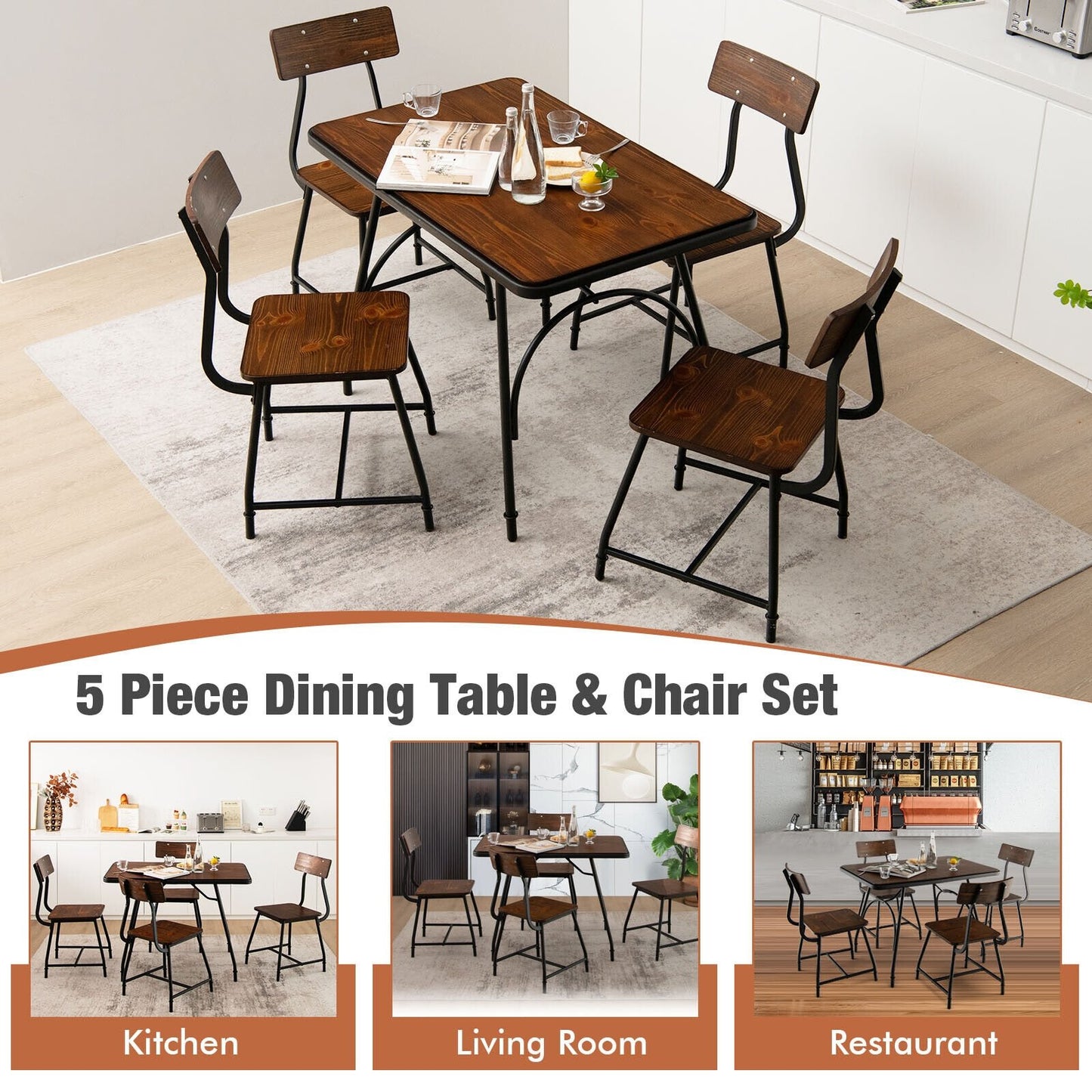 5 Piece Rectangular Dining Table Set with Metal Frame, Brown Dining Room Sets   at Gallery Canada