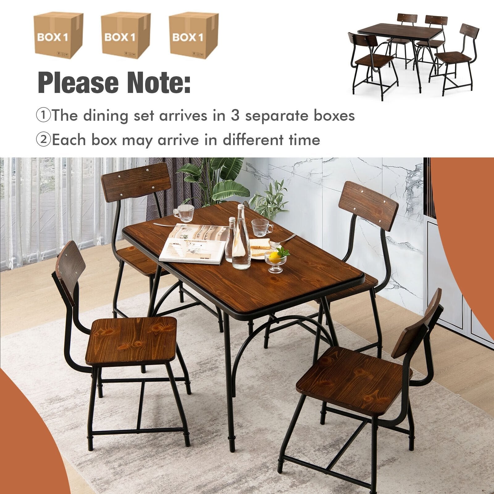 5 Piece Rectangular Dining Table Set with Metal Frame, Brown Dining Room Sets   at Gallery Canada