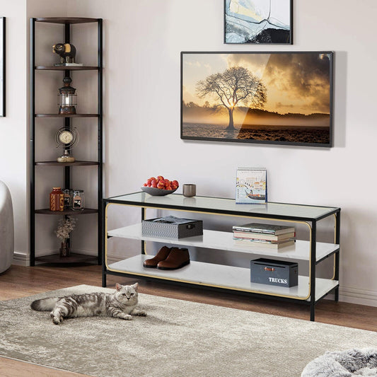 3-Tier TV Stand for TVs up to 50 Inch with Tempered Glass Top, White - Gallery Canada