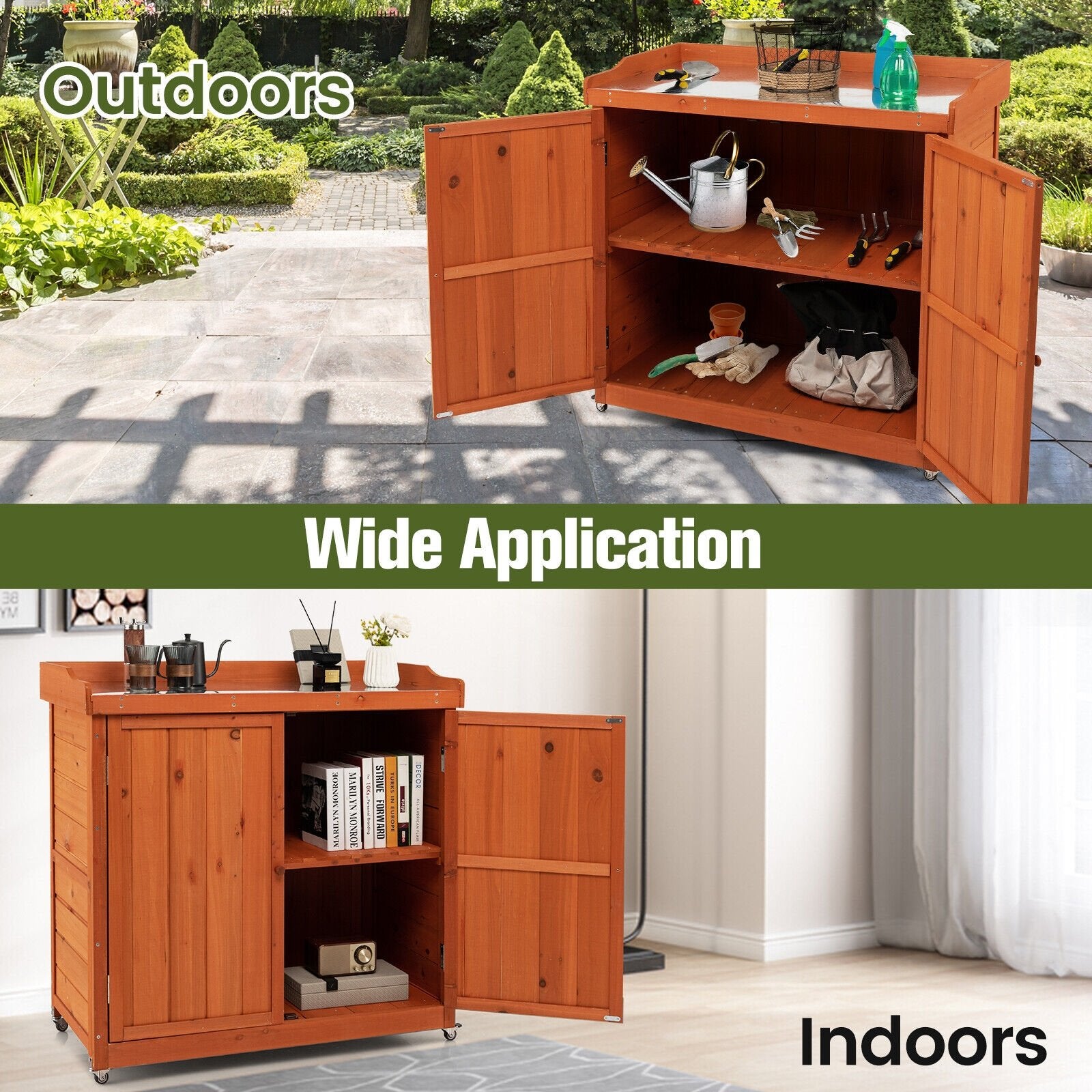 Outdoor Storage Cabinet with Removable Shelf and 4 Universal Wheels, Natural - Gallery Canada