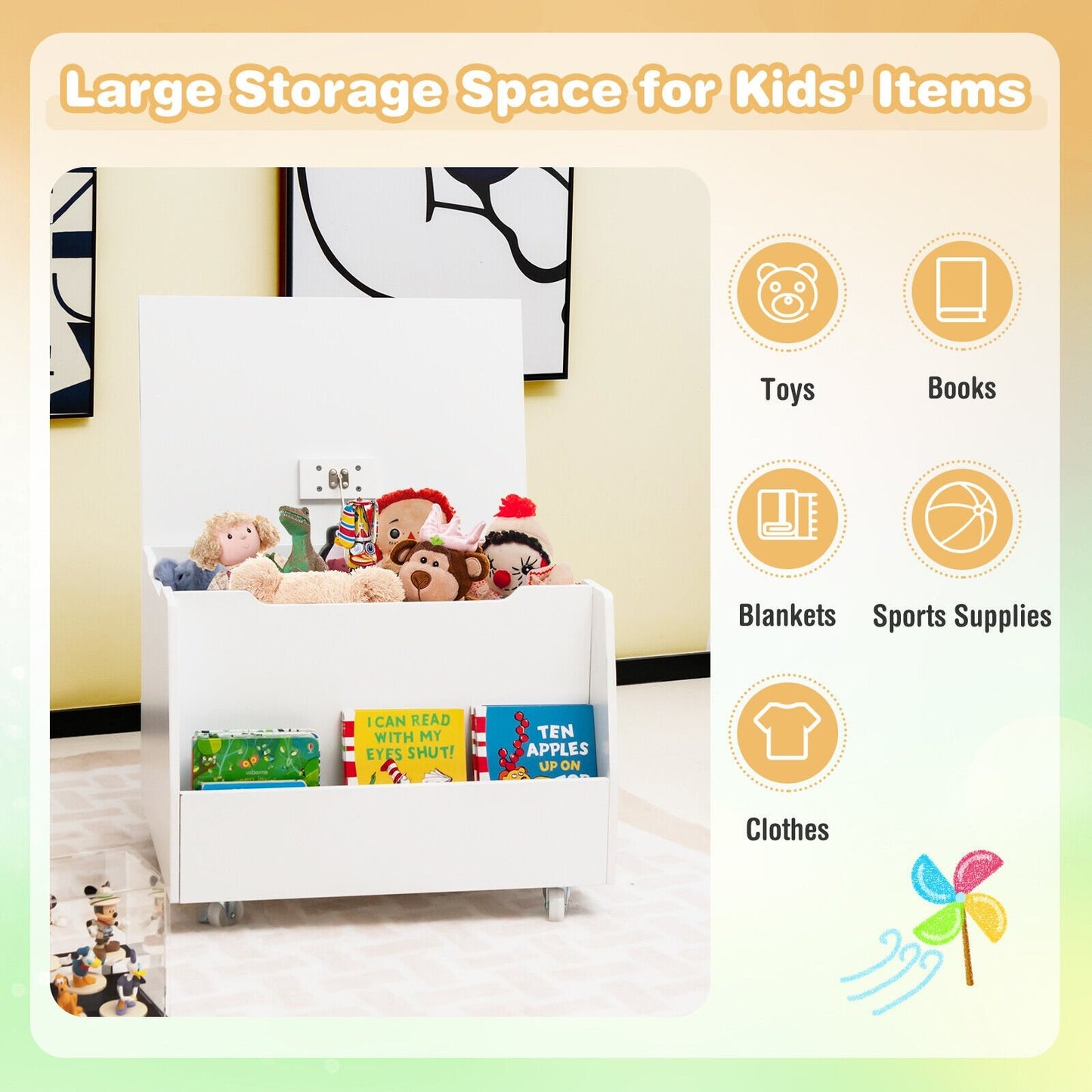 Wooden Mobile Toy Storage Organizer with Bookshelf and Lockable Wheels, White Kids Storage   at Gallery Canada