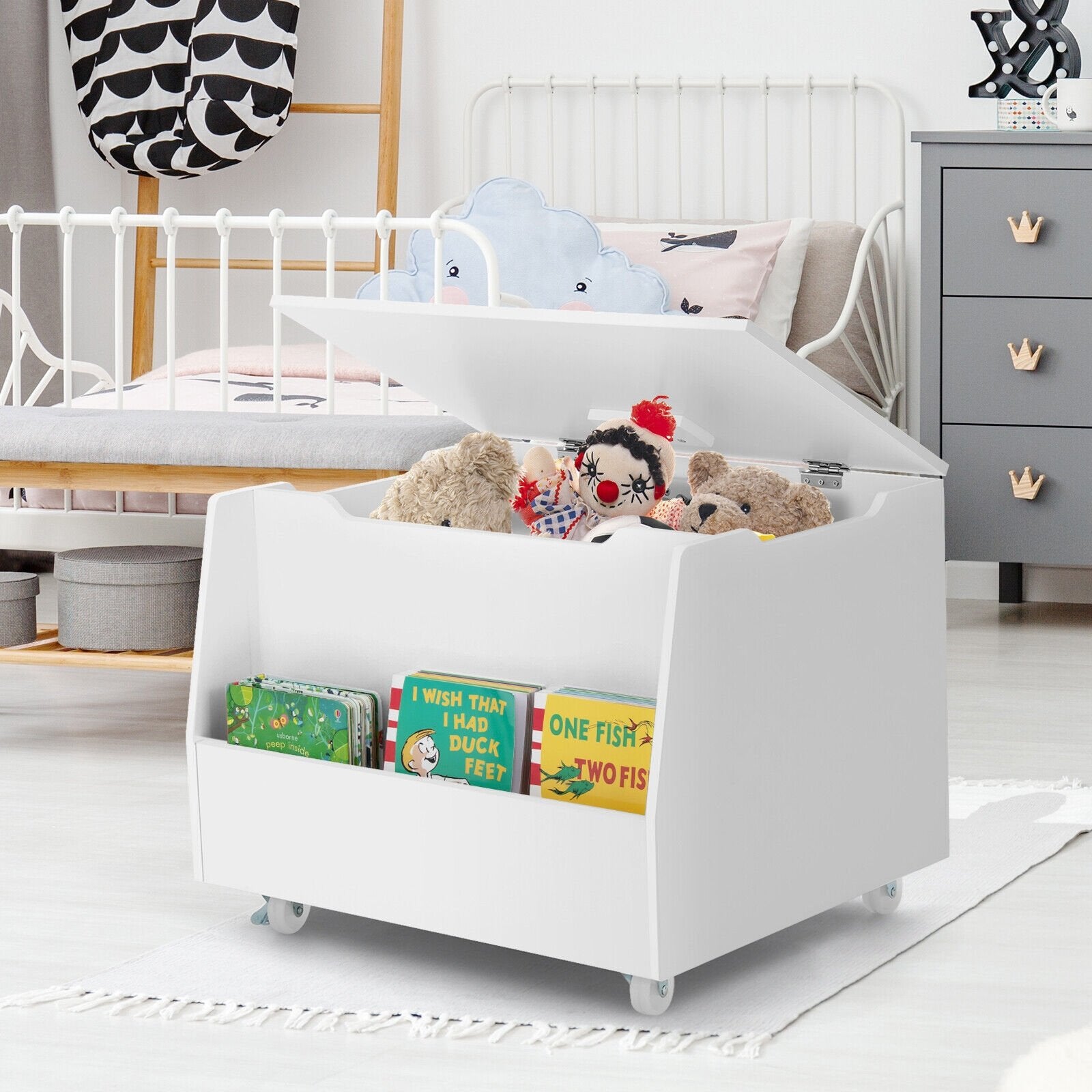 Wooden Mobile Toy Storage Organizer with Bookshelf and Lockable Wheels, White Kids Storage   at Gallery Canada