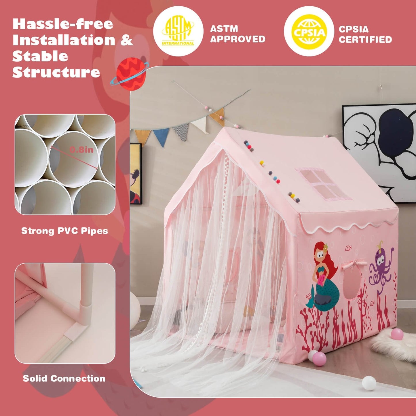 Large Kids Play Tent with Removable Cotton Mat, Pink Play Tents & Playhouse   at Gallery Canada