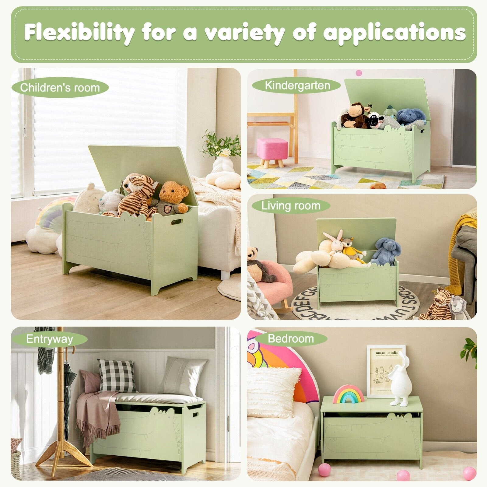 Wooden Kids Toy Box with Safety Hinge, Green Kids Storage   at Gallery Canada