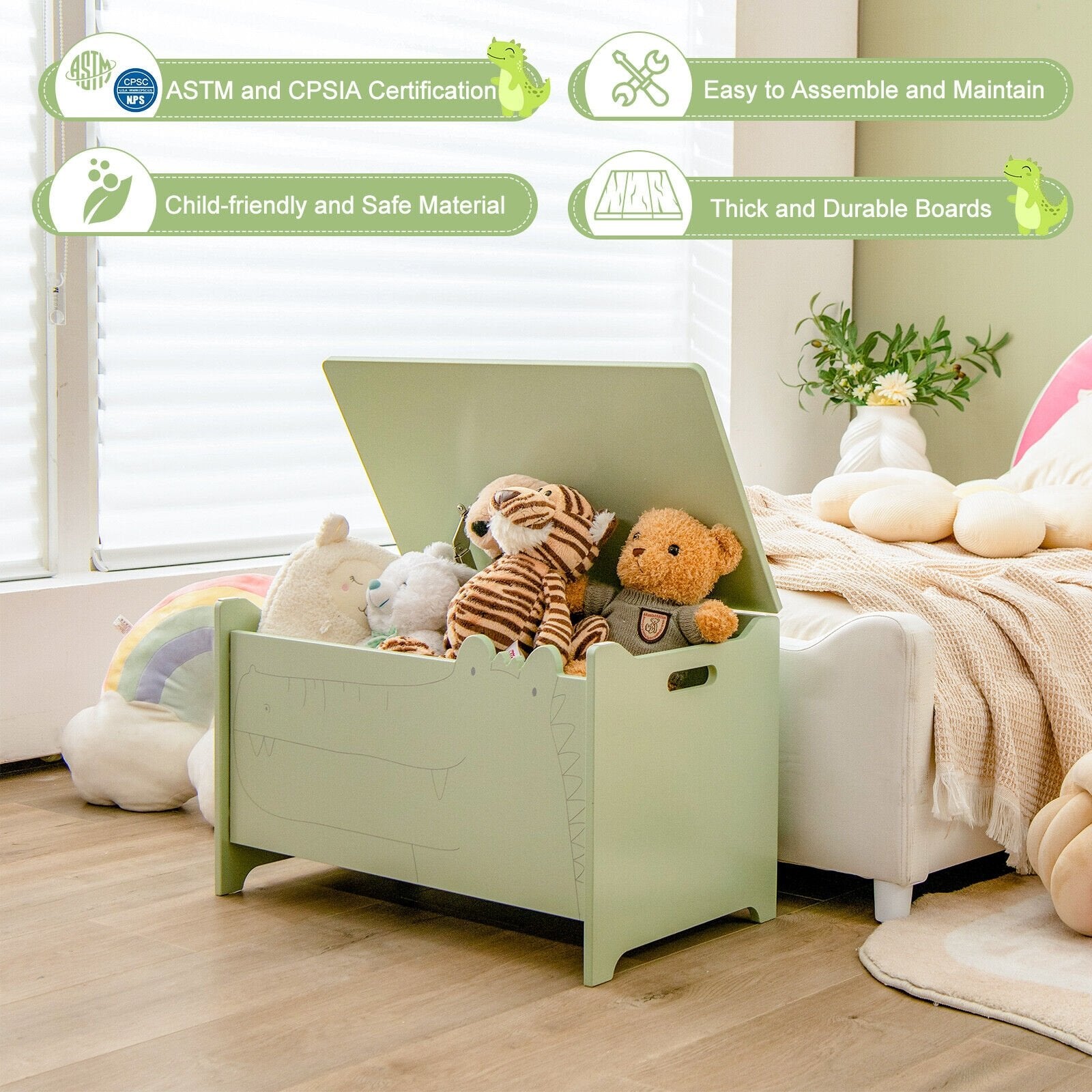 Wooden Kids Toy Box with Safety Hinge, Green Kids Storage   at Gallery Canada