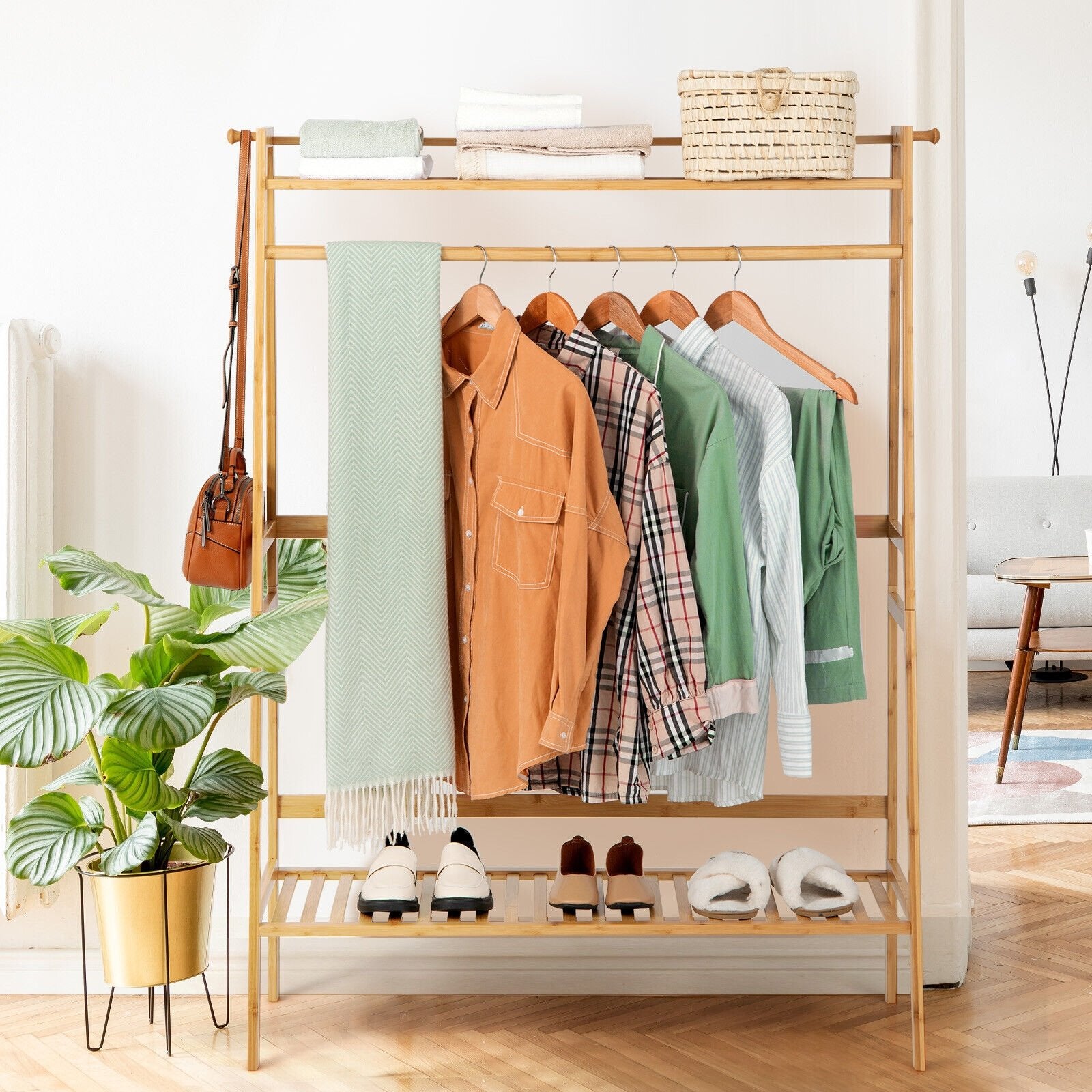 Bamboo Clothing Rack with Storage Shelves, Natural Coat Racks & Hall Trees   at Gallery Canada