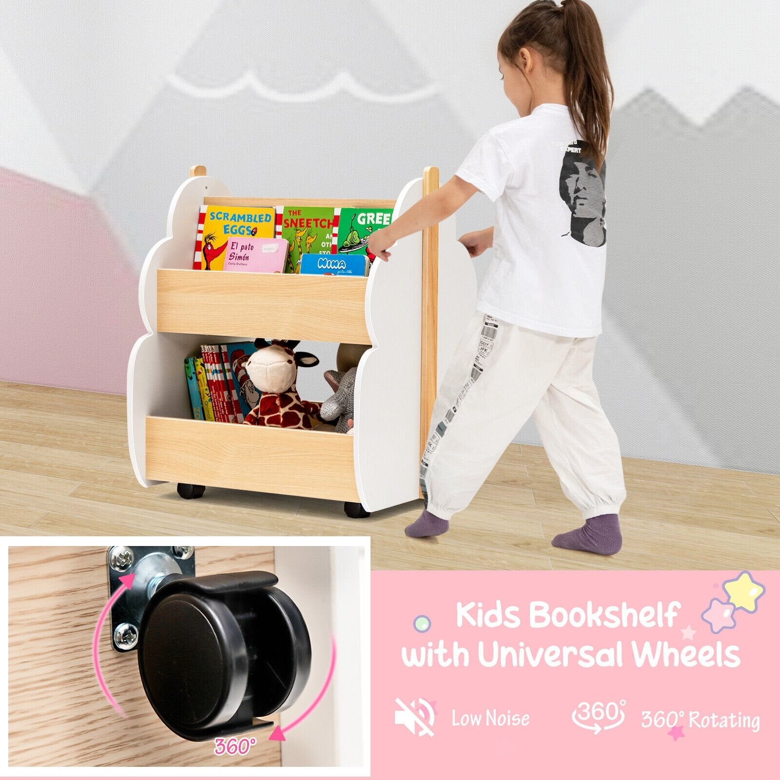 Kids Wooden Bookshelf with Universal Wheels, White Kids Storage   at Gallery Canada