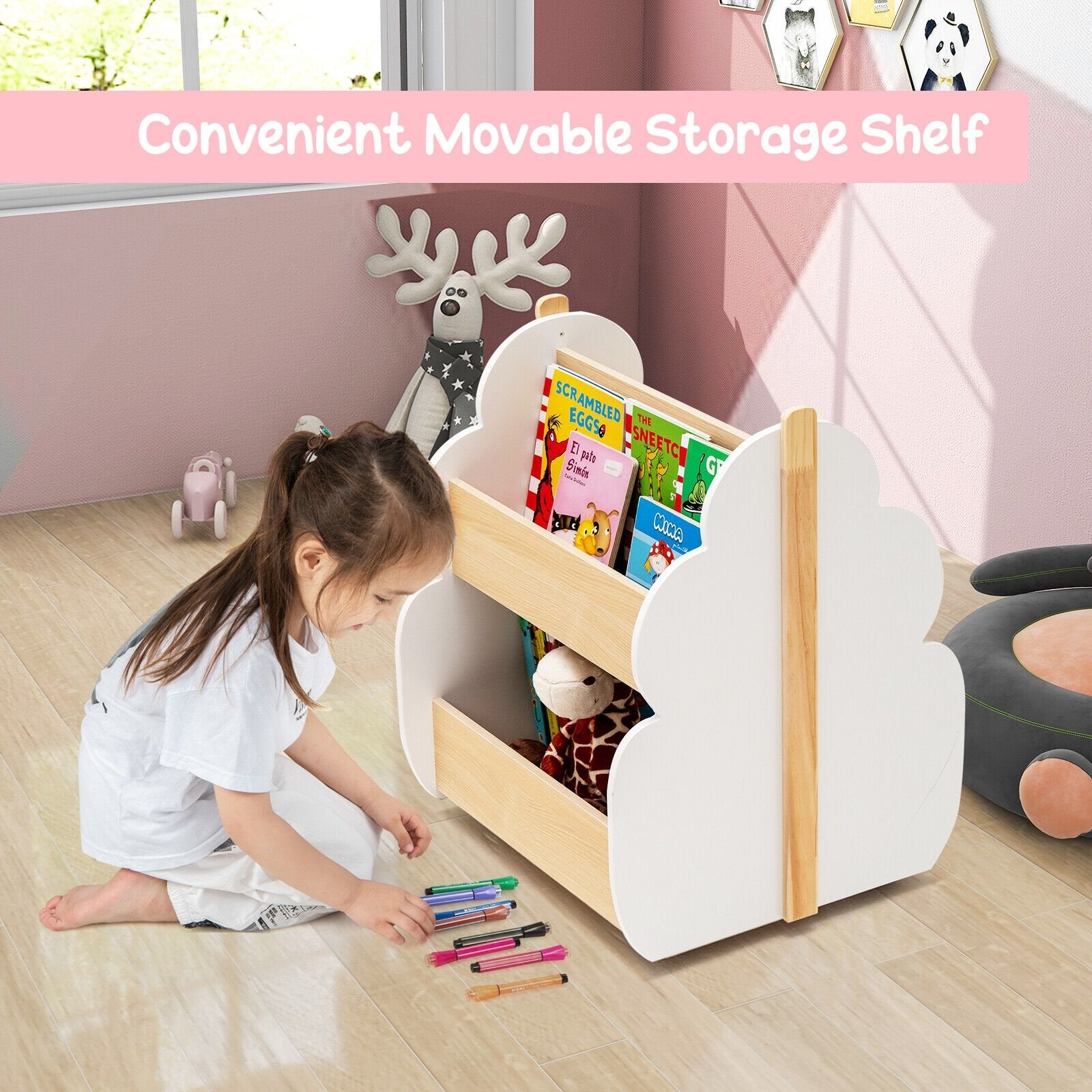 Kids Wooden Bookshelf with Universal Wheels, White Kids Storage   at Gallery Canada