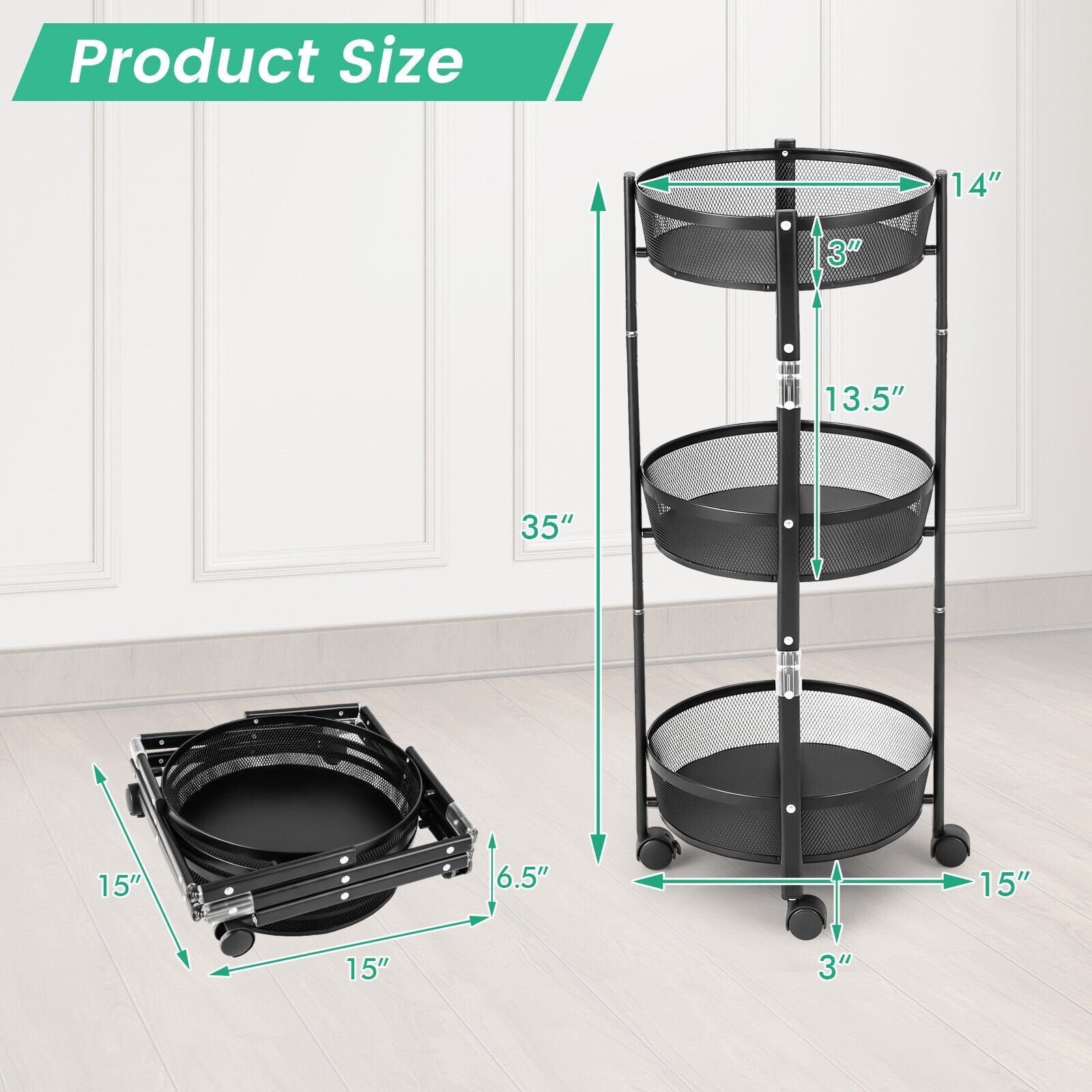 3-Tier Rotating 1-Second folding Storage Rack Metal-Round, Black Kitchen Islands & Carts   at Gallery Canada