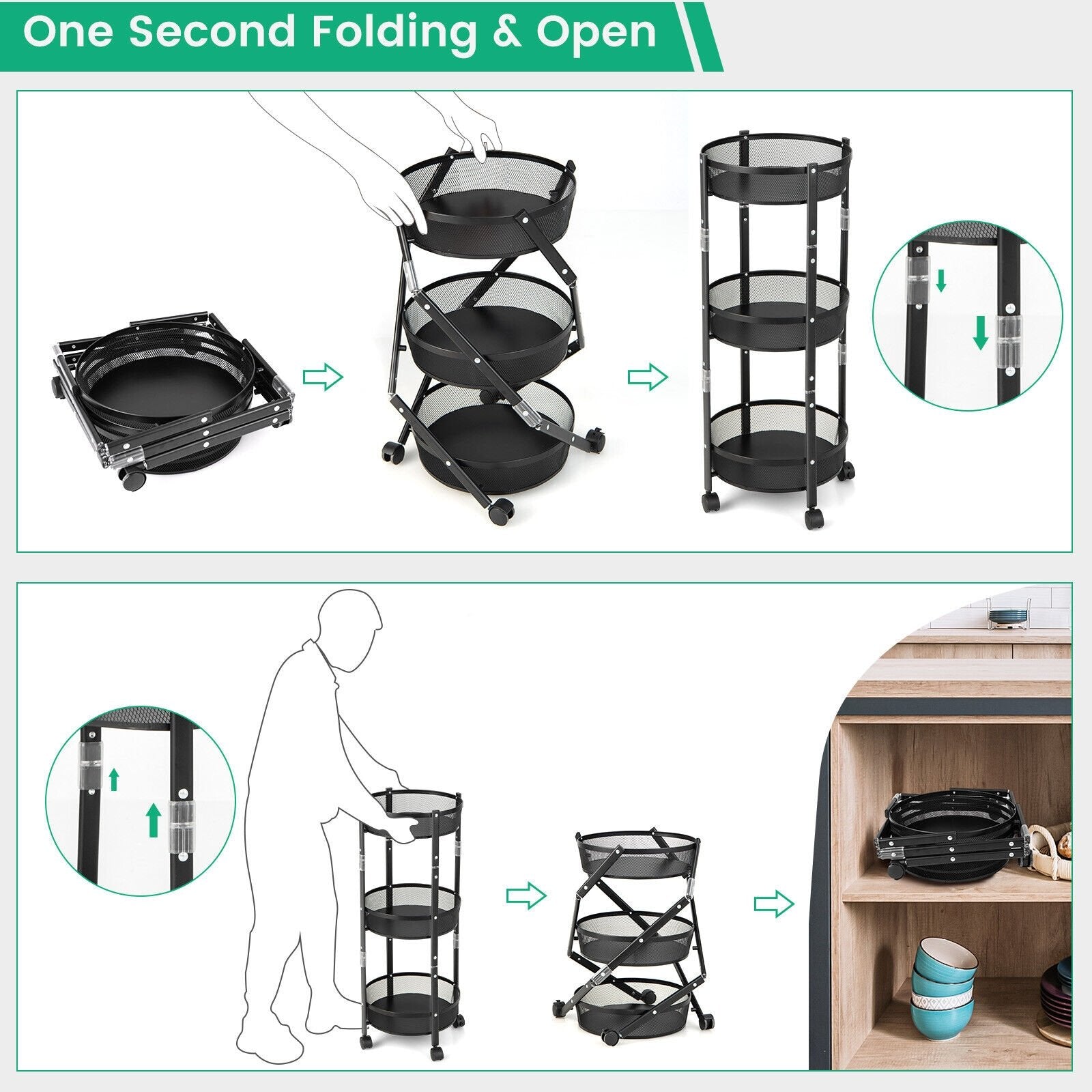 3-Tier Rotating 1-Second folding Storage Rack Metal-Round, Black Kitchen Islands & Carts   at Gallery Canada