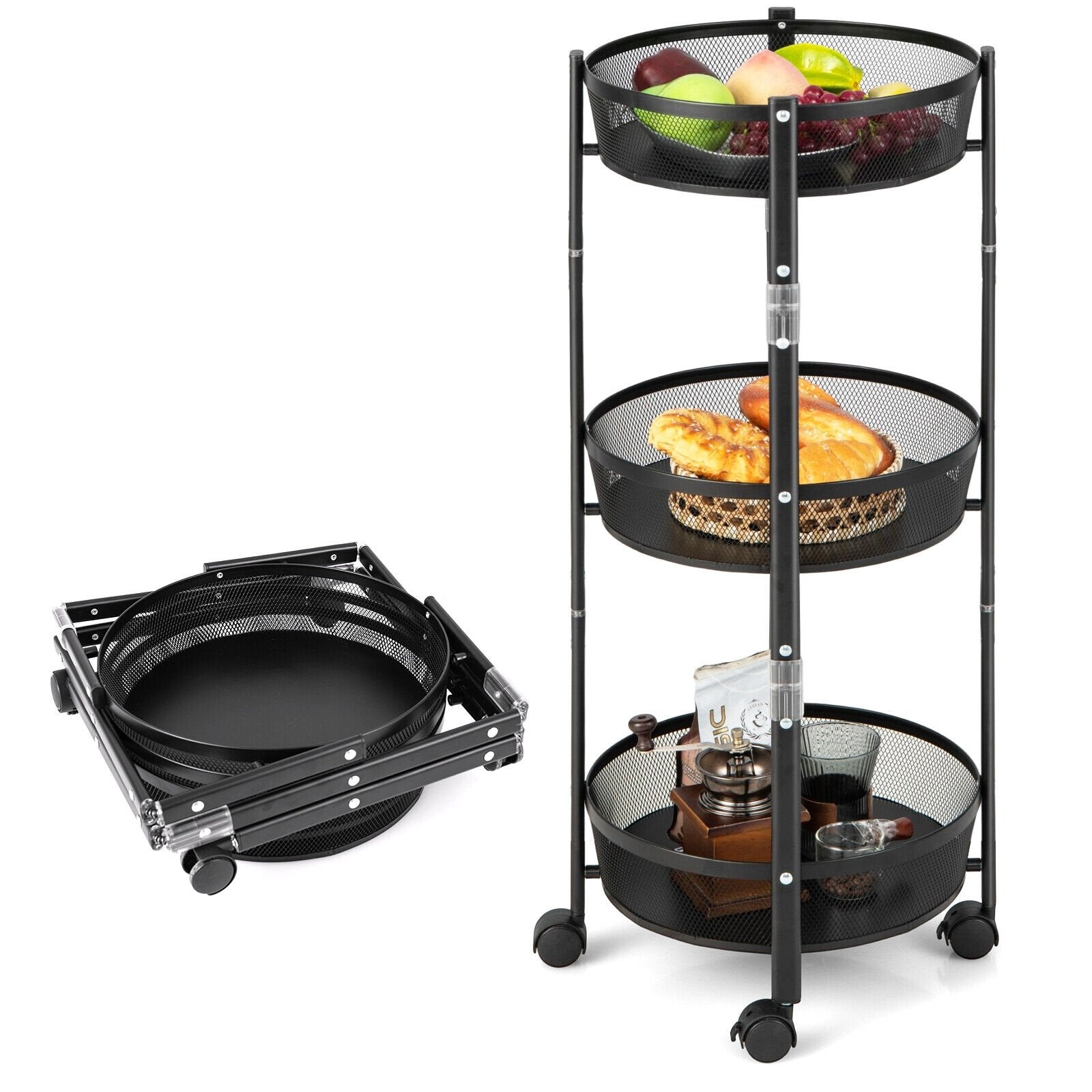 3-Tier Rotating 1-Second folding Storage Rack Metal-Round, Black Kitchen Islands & Carts   at Gallery Canada