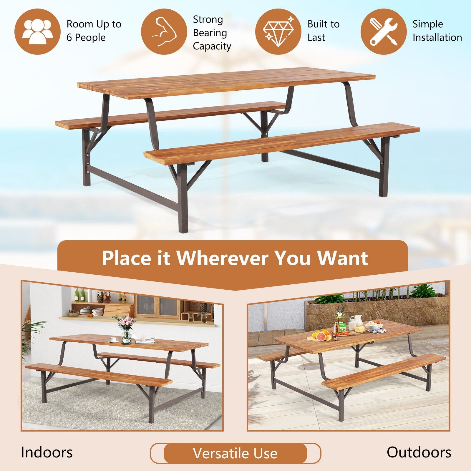 6-Person Outdoor Picnic Table and Bench Set with 2 Inch Umbrella Hole, Natural Picnic Tables   at Gallery Canada